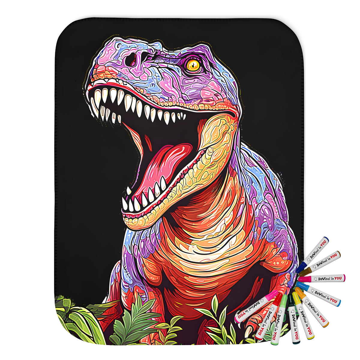 Vibrant dinosaur blanket featuring a detailed illustration of a roaring T-Rex surrounded by lush green plants