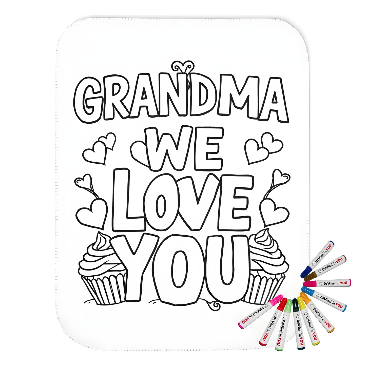 Blanket coloring kit for adults featuring 'Grandma We Love You' design with hearts and cupcakes