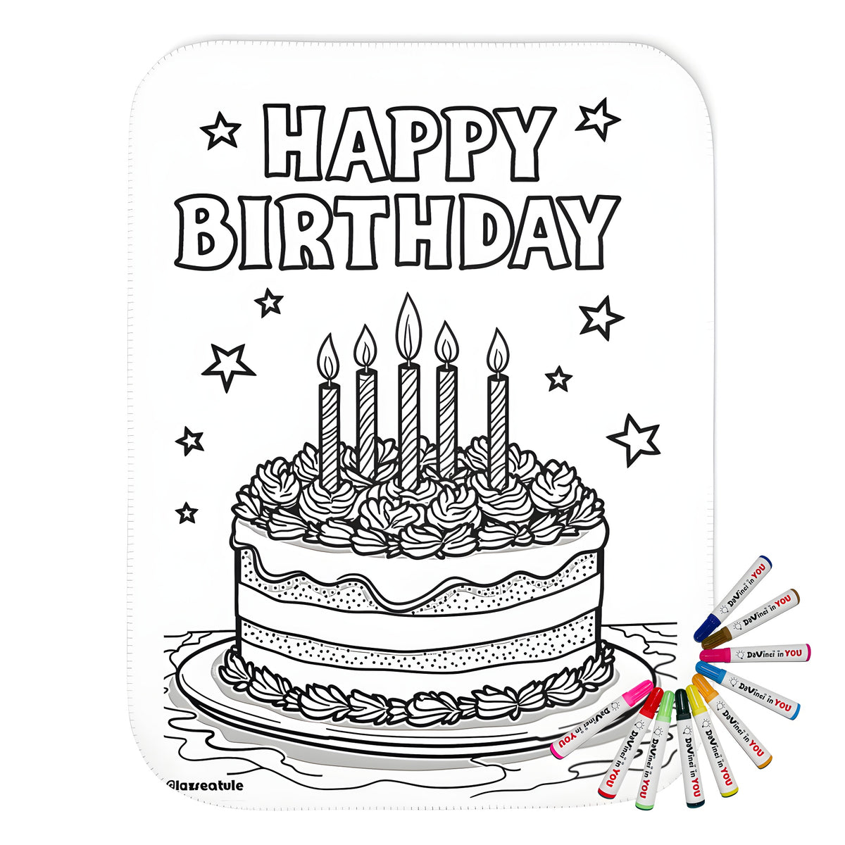 Birthday-themed blanket with colorful illustrations of cakes, candles, and 'Happy Birthday' text on a soft fabric background.