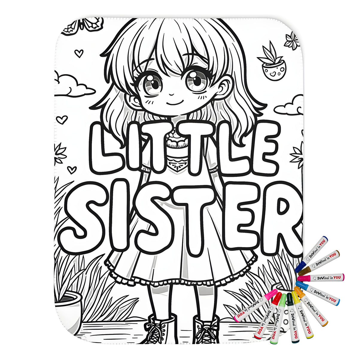 Blanket with cute sister design, featuring a girl surrounded by plants, butterflies and 'Little Sister' text