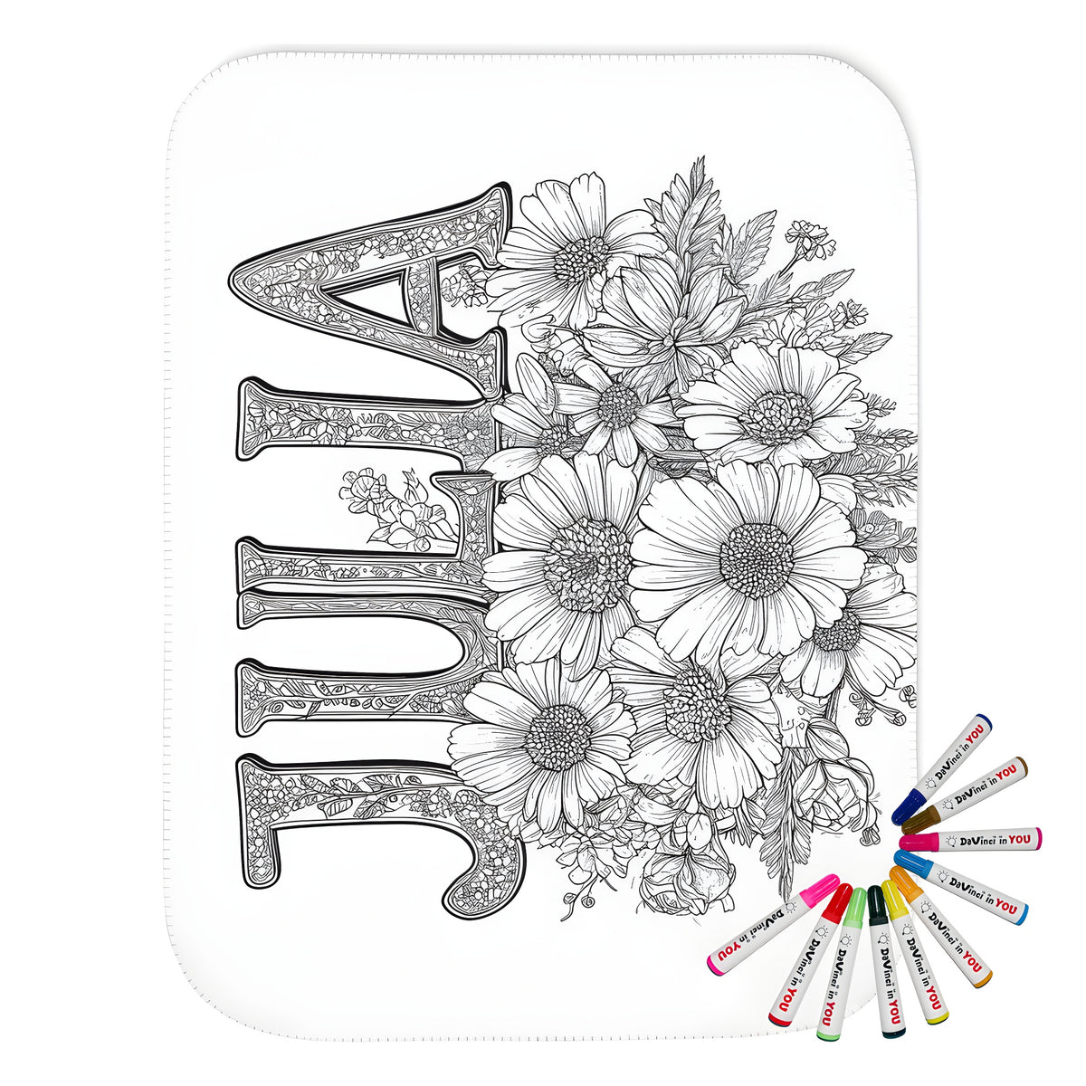 Intricate blanket design with Julia's name, detailed flowers, and botanical elements