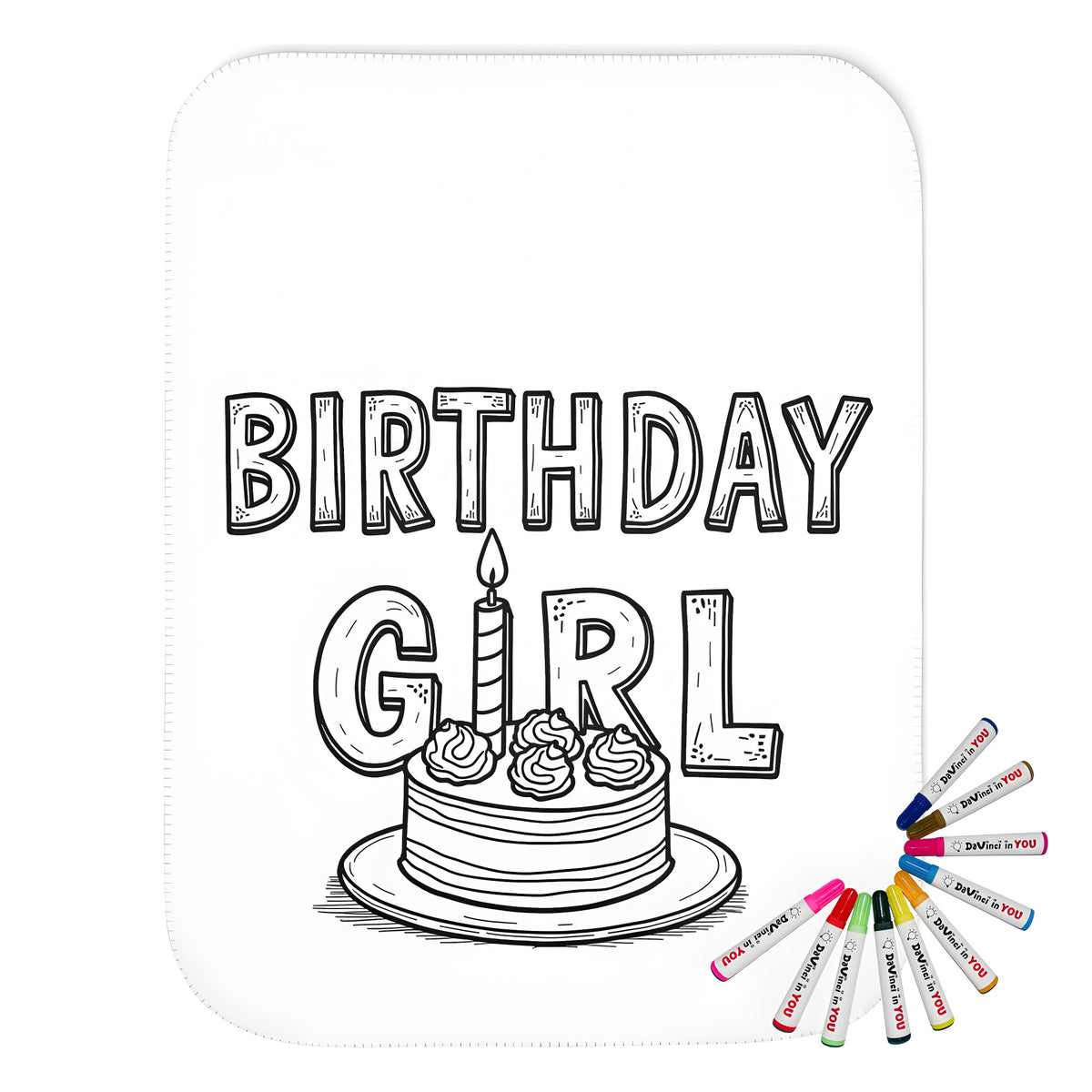 Colorful blanket with birthday girl design and birthday cake illustration