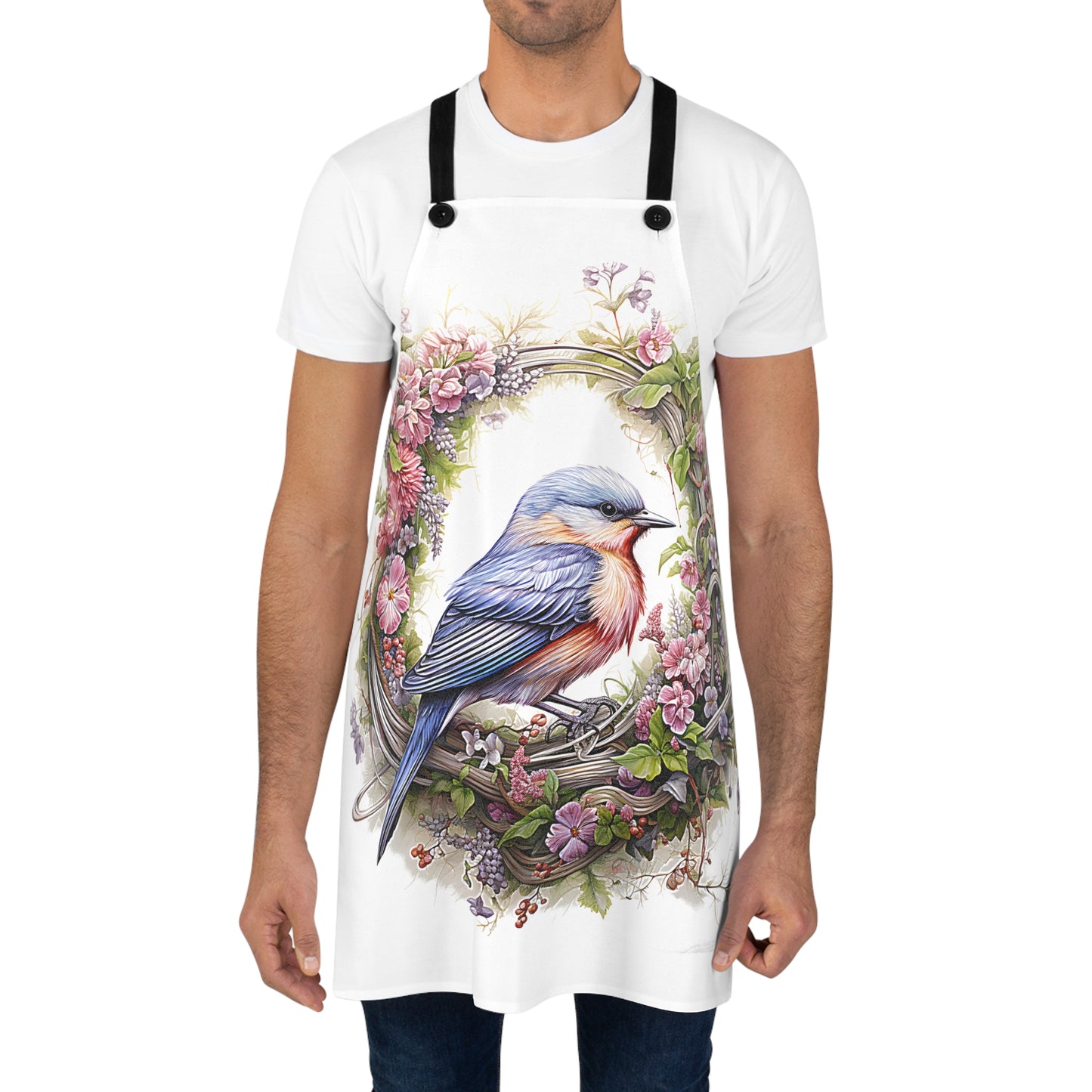 Apron Colorful Graphic Design - Bluebird in Floral Wreath