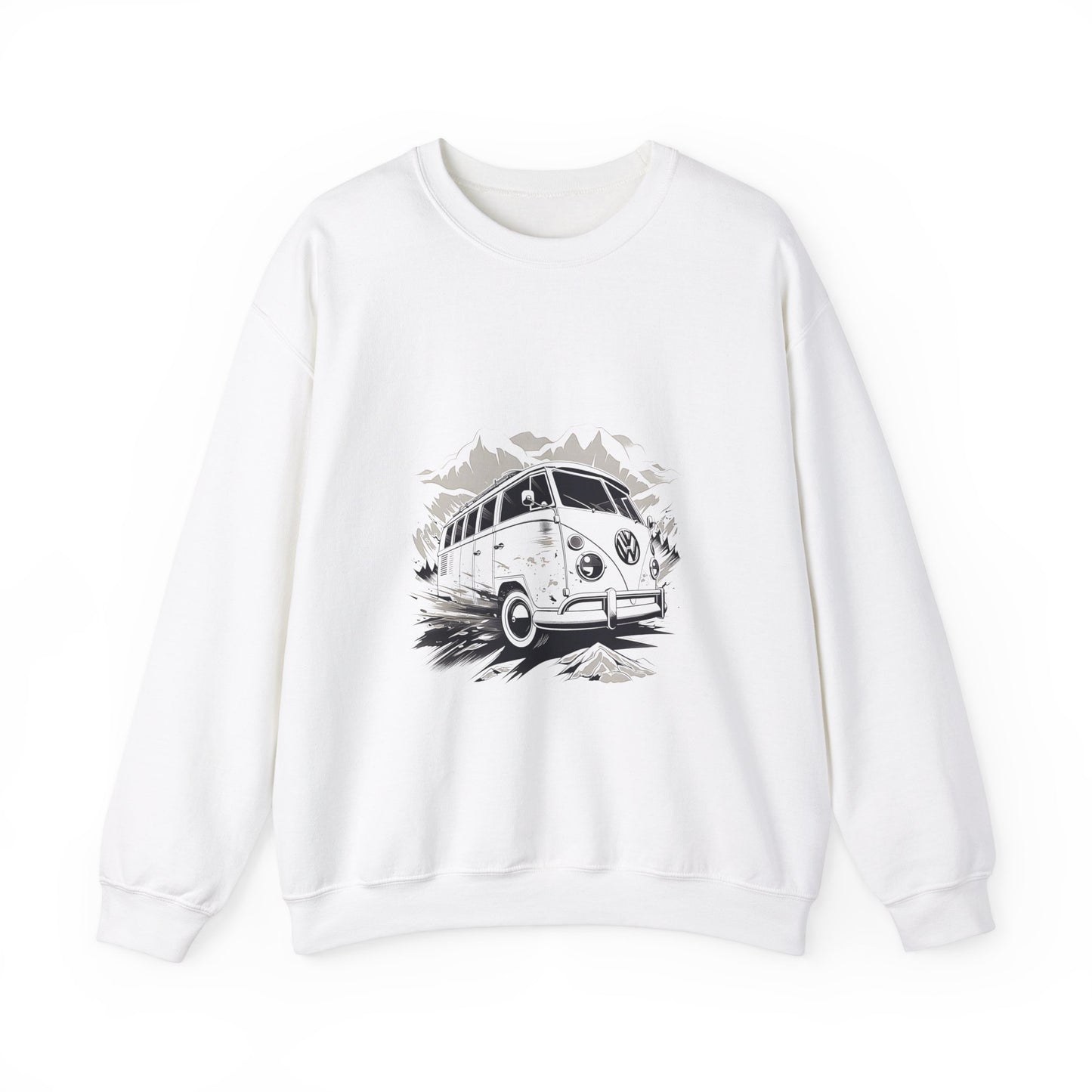 "White sweatshirt with vintage camper van graphic print in black and gray on front"