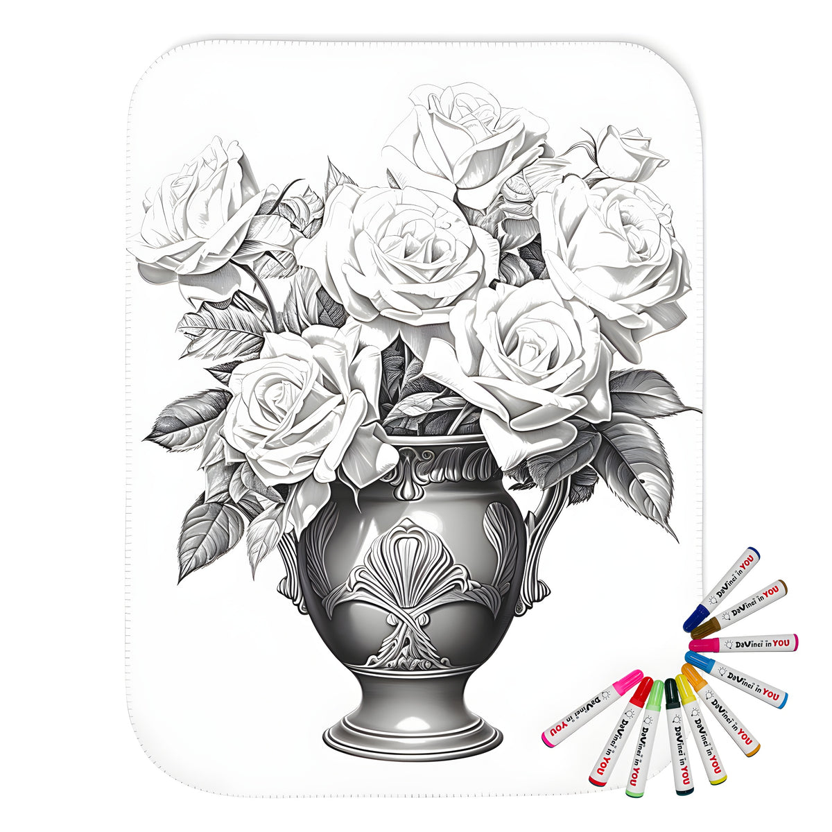 Coloring blanket with 10 fabric markers featuring roses in a vase artwork for a fabric craft kit