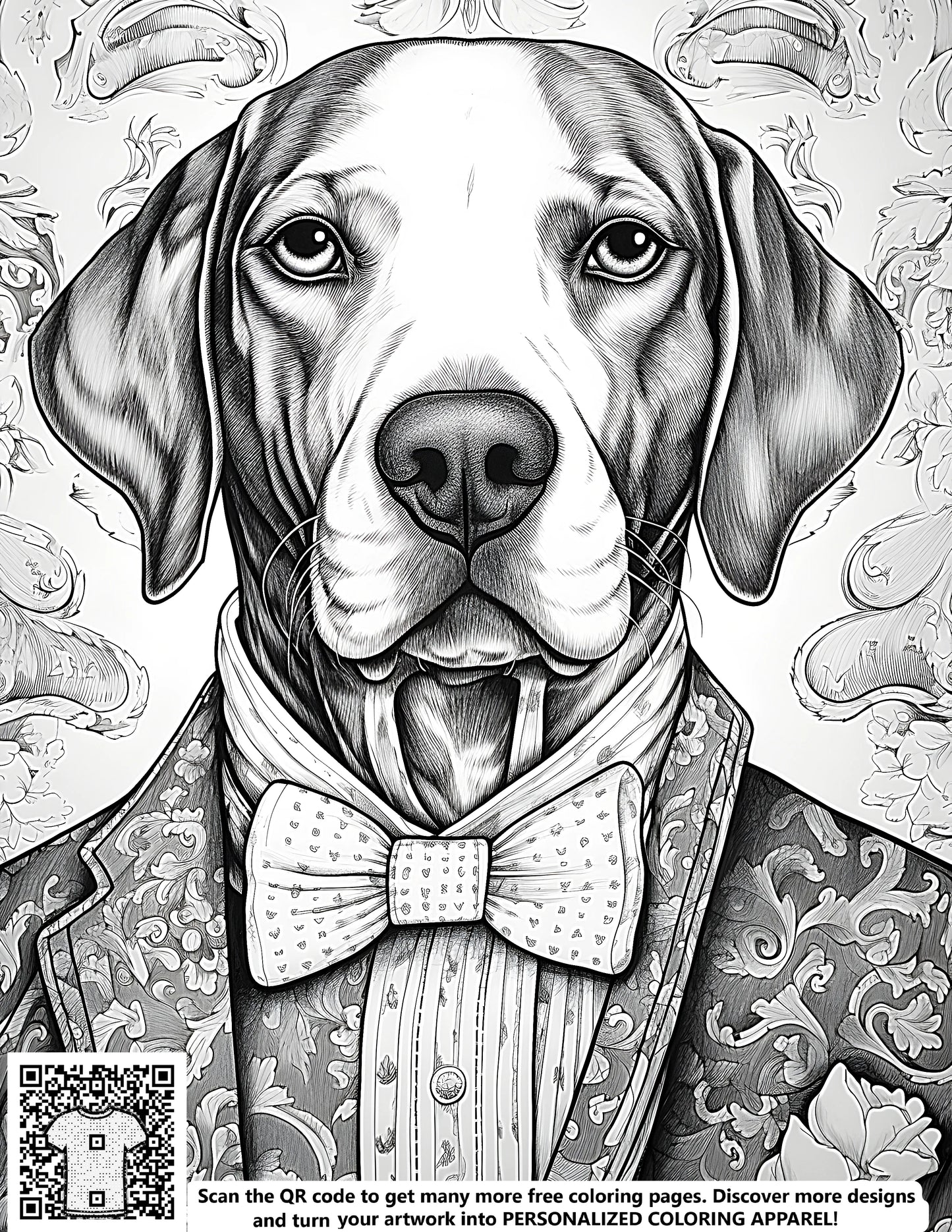 A detailed illustration of a dog dressed up in formal wear, including a patterned bow tie and floral background, accompanied by a free coloring page and 10 fabric markers for creative expression.