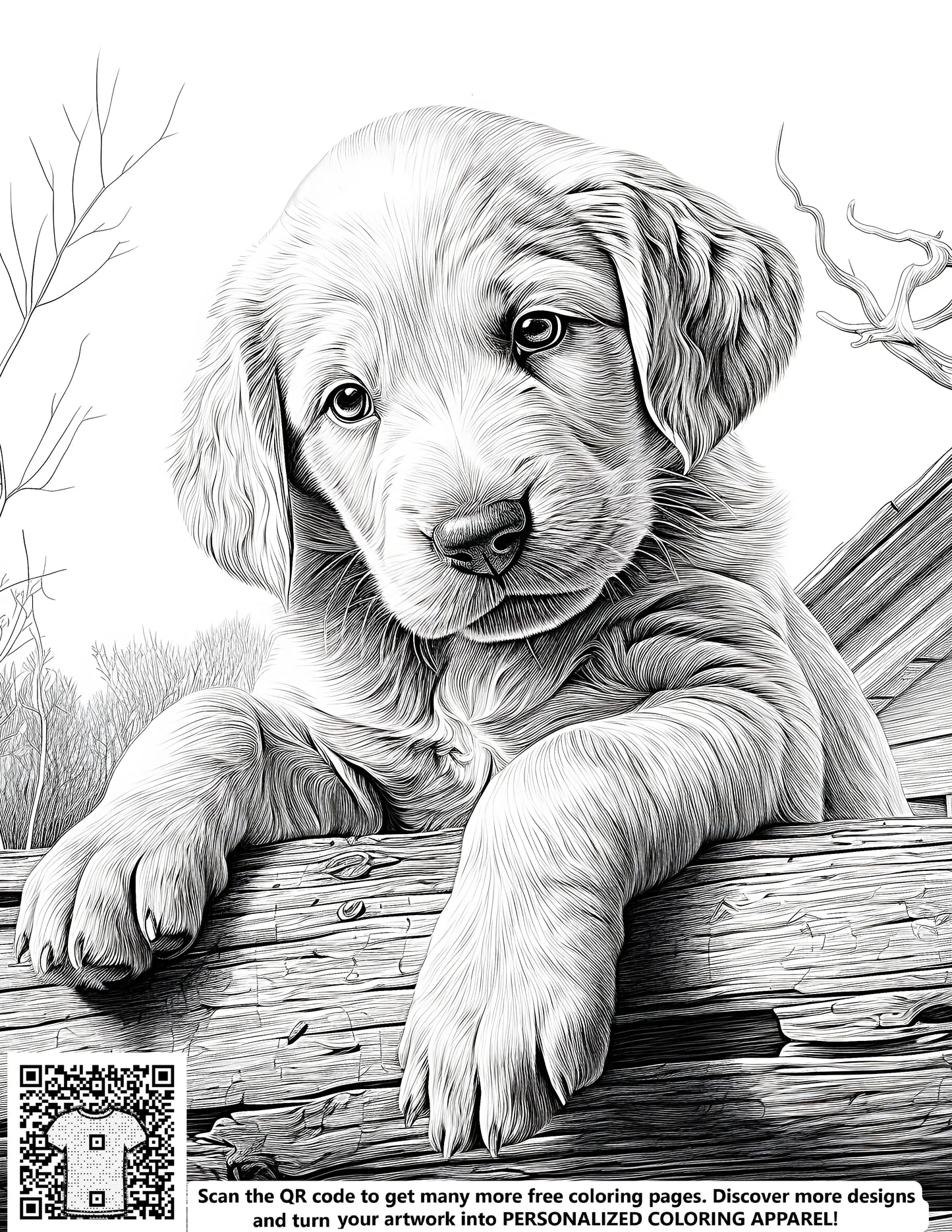 Cute dog coloring page illustration of puppies playing near a fence