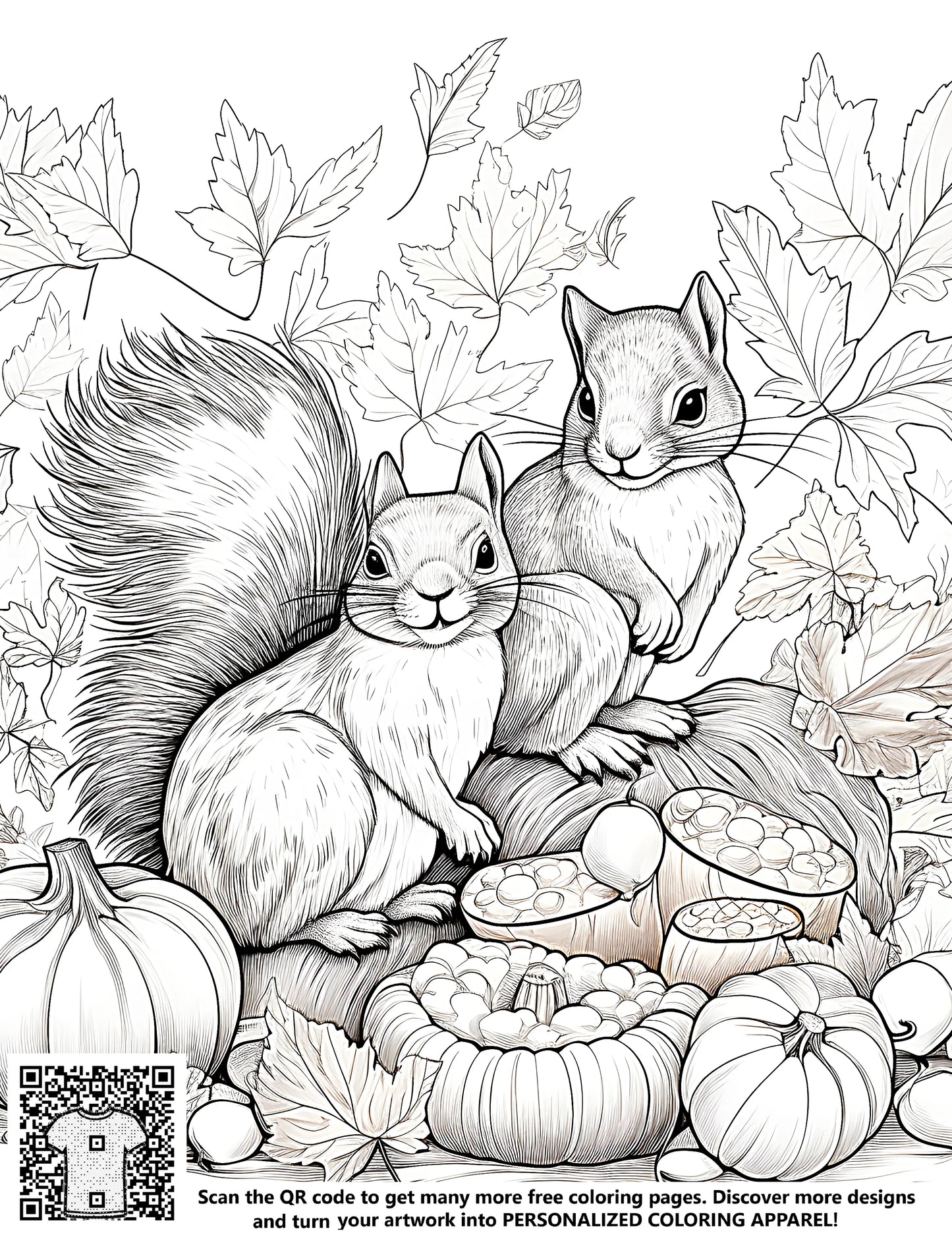 Autumn squirrel coloring page illustration with squirrels in autumn scene, free coloring pages, fall squirrel designs, acorn illustrations, pumpkin art, gourd decorations, detailed outline drawings