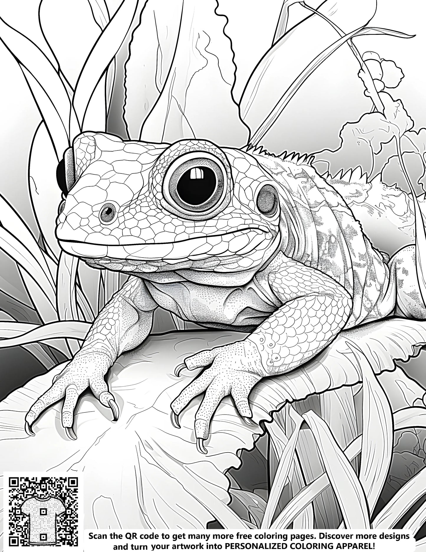 Free coloring page for kids, adult colouring book featuring frog illustration, green and leafy background
