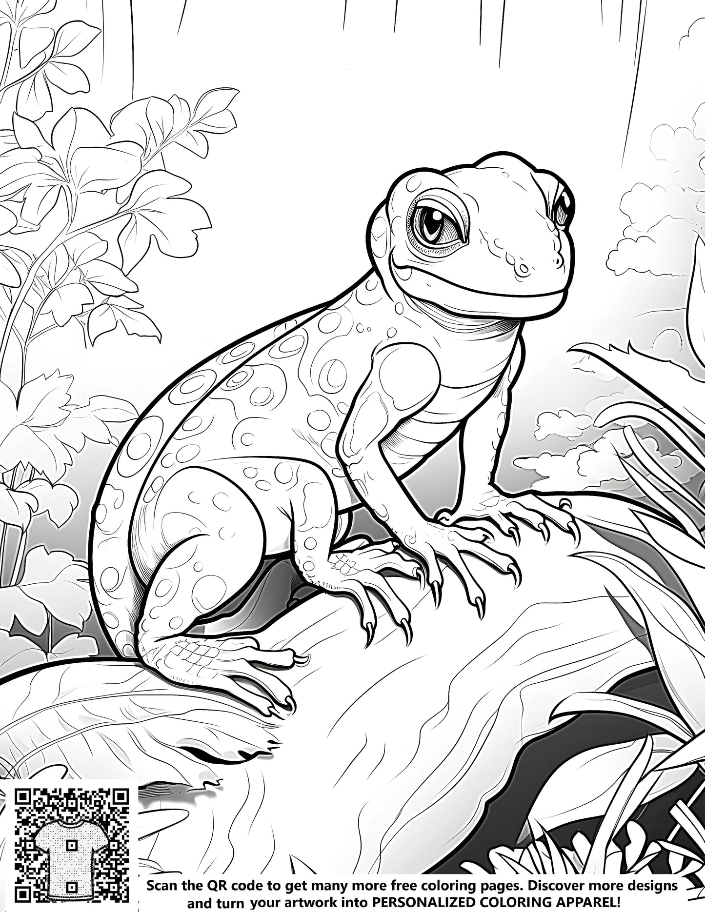 Detailed coloring page of reptile, lizard illustration, tropical jungle scene