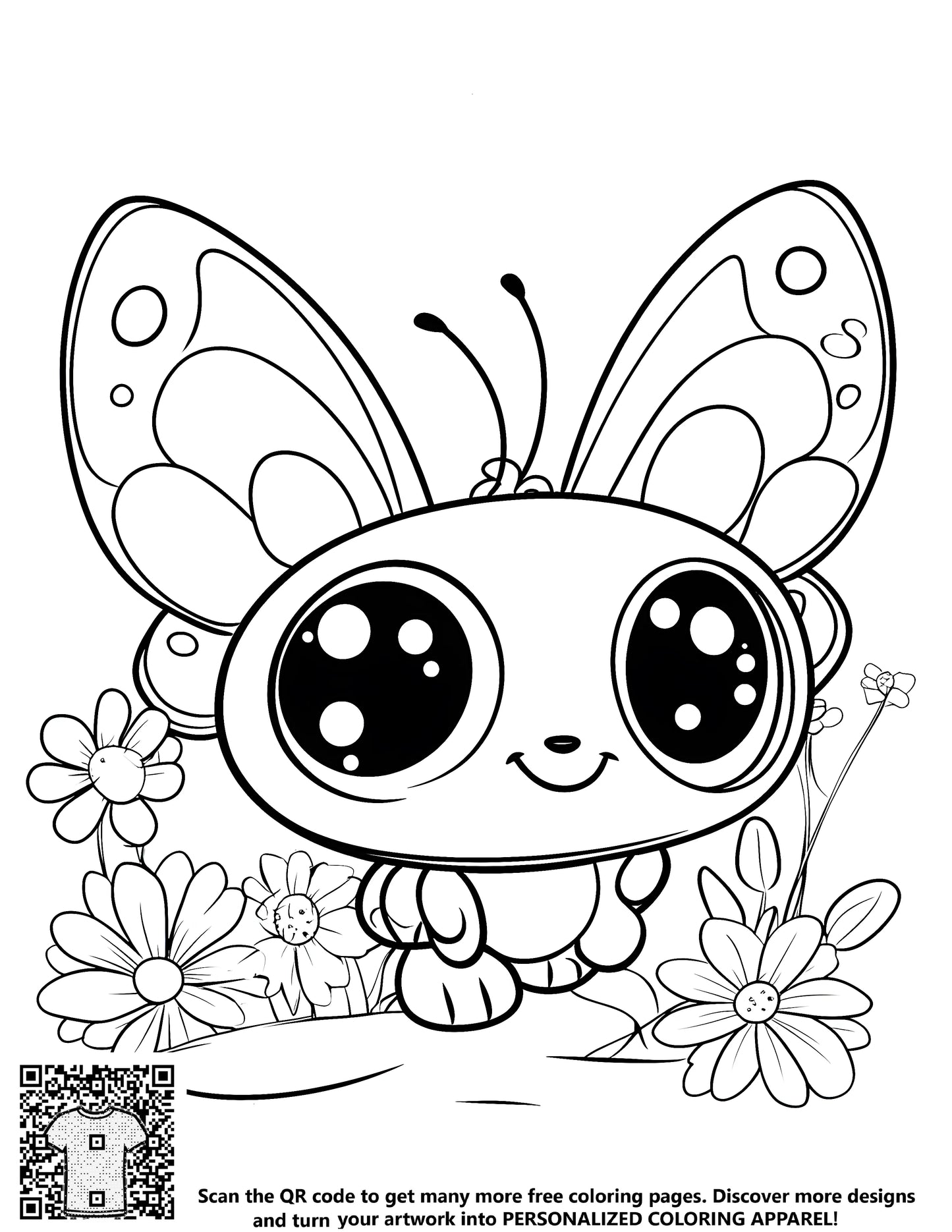 Coloring page of a lovely cartoon butterfly with big eyes and decorated wings, surrounded by line art flowers. Perfect for kids and adults alike!