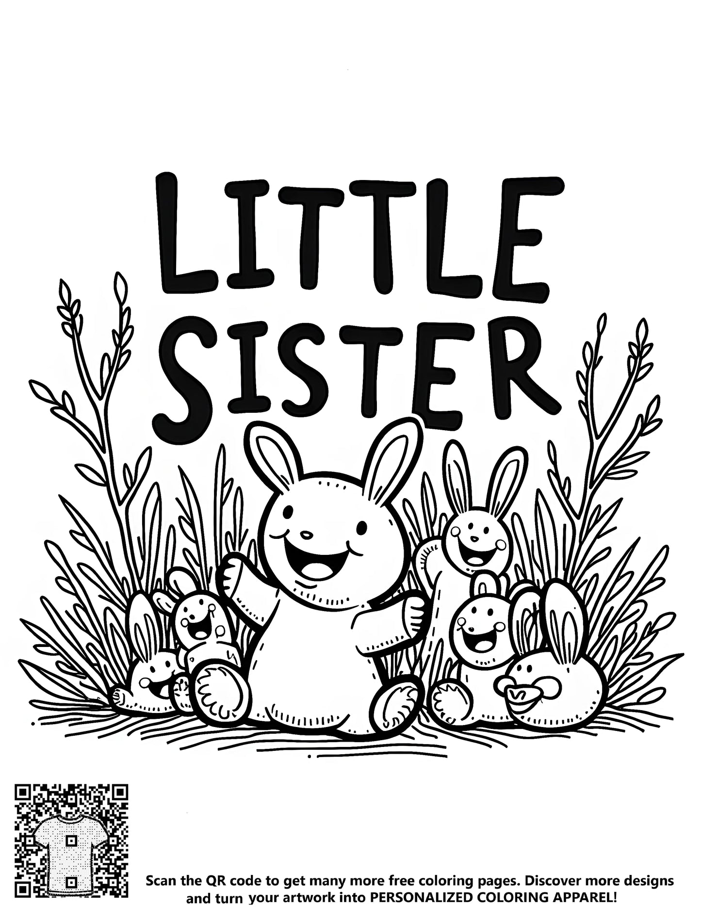 Coloring page for sisters, free coloring kit with cute bunnies illustration and fabric markers, perfect activity for siblings bonding time