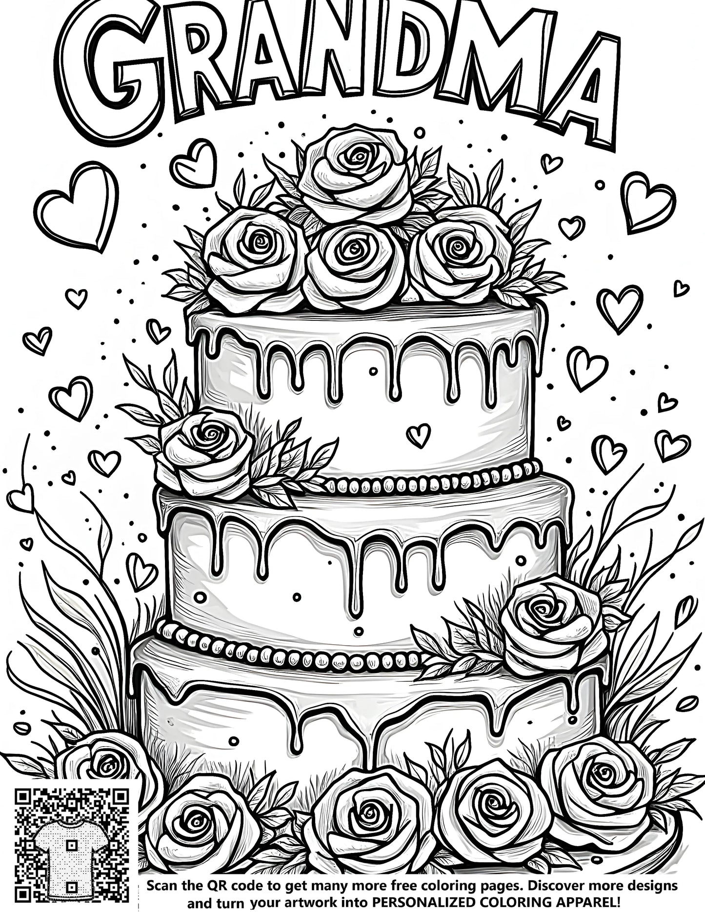 Free coloring page, grandmother celebration cake design, three-tiered cake with dripping icing and roses, labeled 'GRANDMA', surrounded by hearts and leaves.