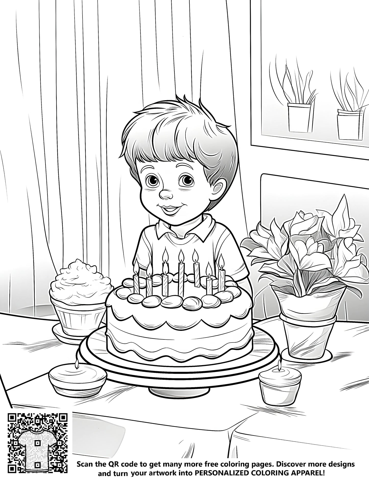Coloring pages for kids birthday party activities, a young boy at a table with birthday cake and decorations