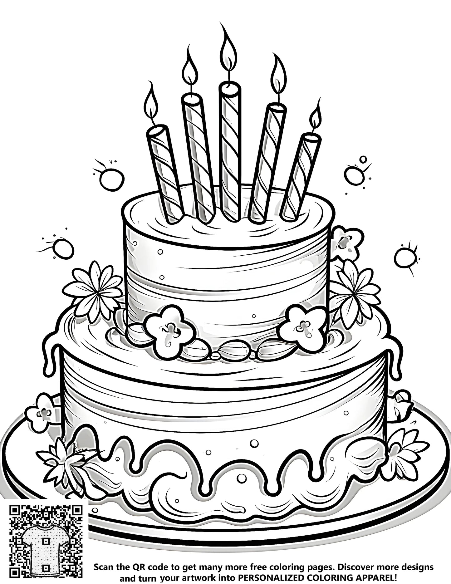 Free coloring page design featuring a black and white illustration of a birthday cake with candles and flowers. Perfect for kids' art projects.