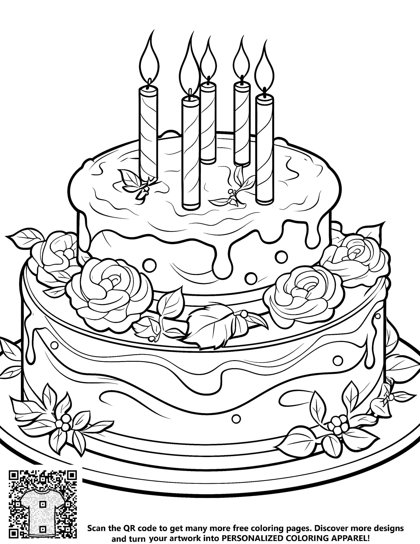 Coloring page with birthday cake design, candles, and roses for kids coloring activity