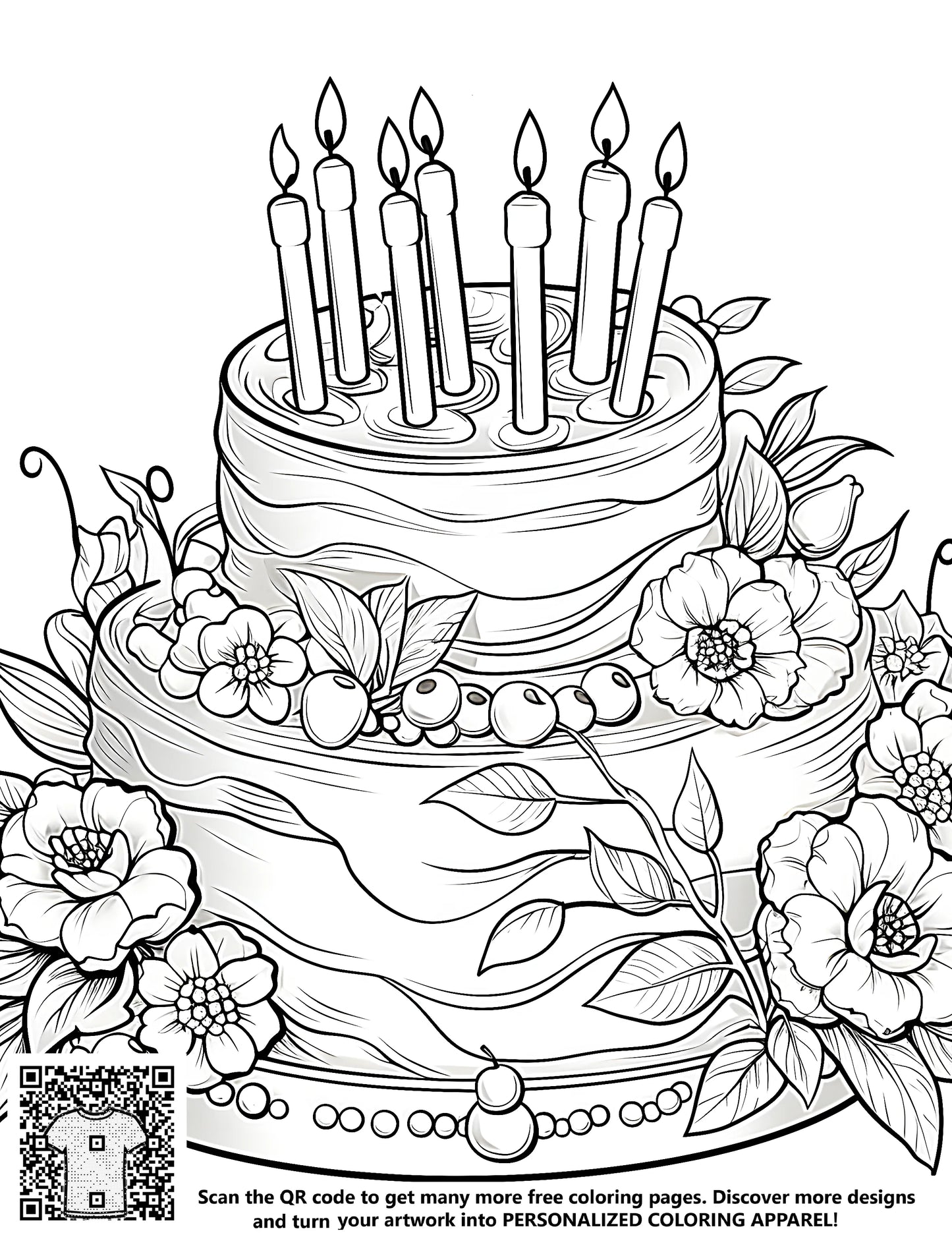 Birthday cake coloring page design with free illustration of a two-tiered dessert, colored with markers