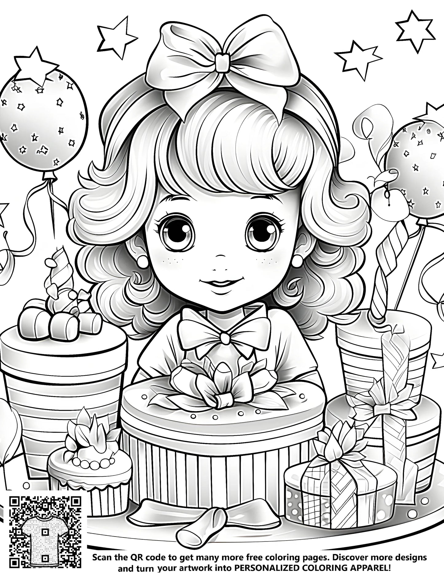 Free coloring page featuring a cute girl with presents, birthday cake and balloons. Stars are scattered around her in this fun kids activity.