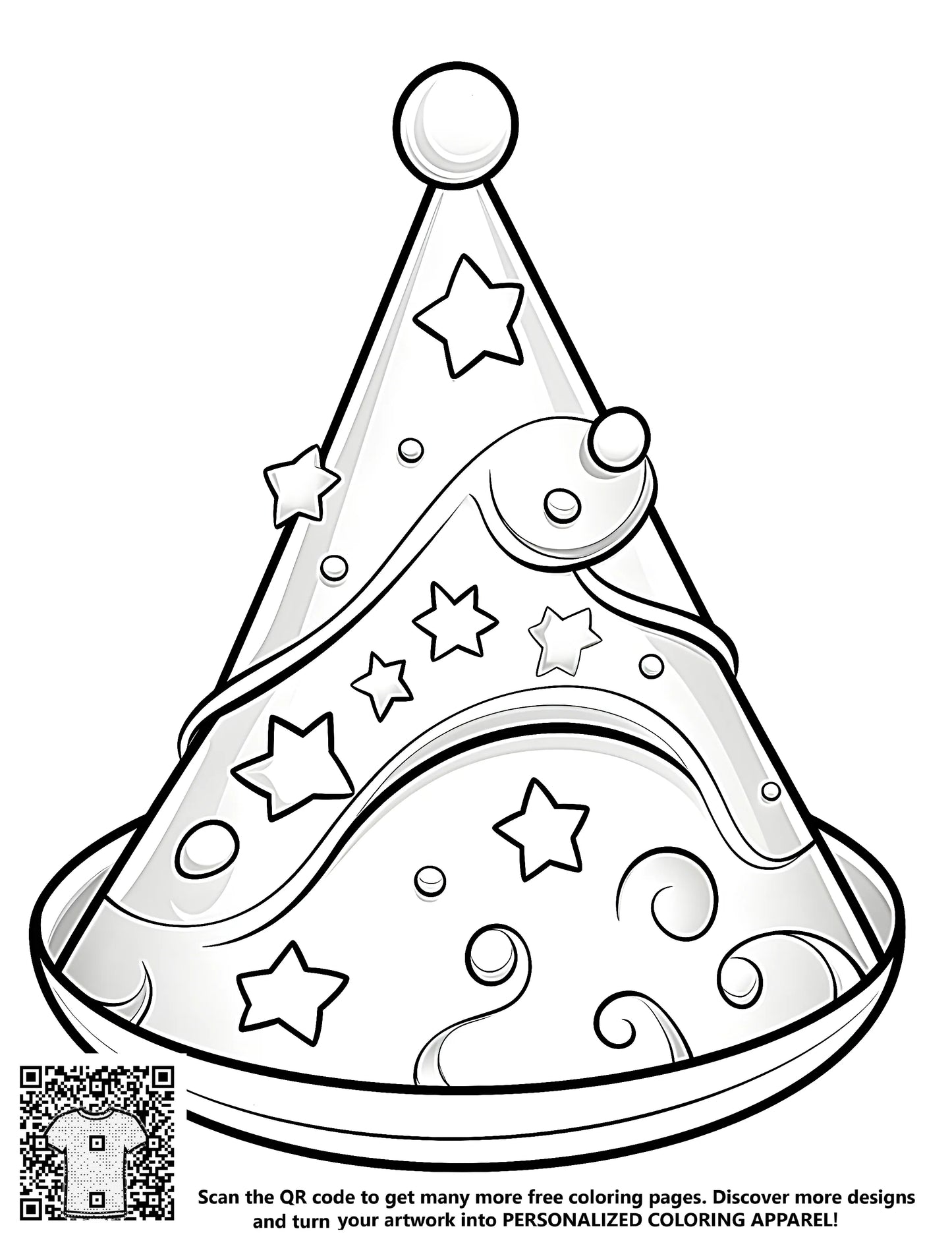 Free printable coloring page of a fun party hat design with stars and swirls for kids to color