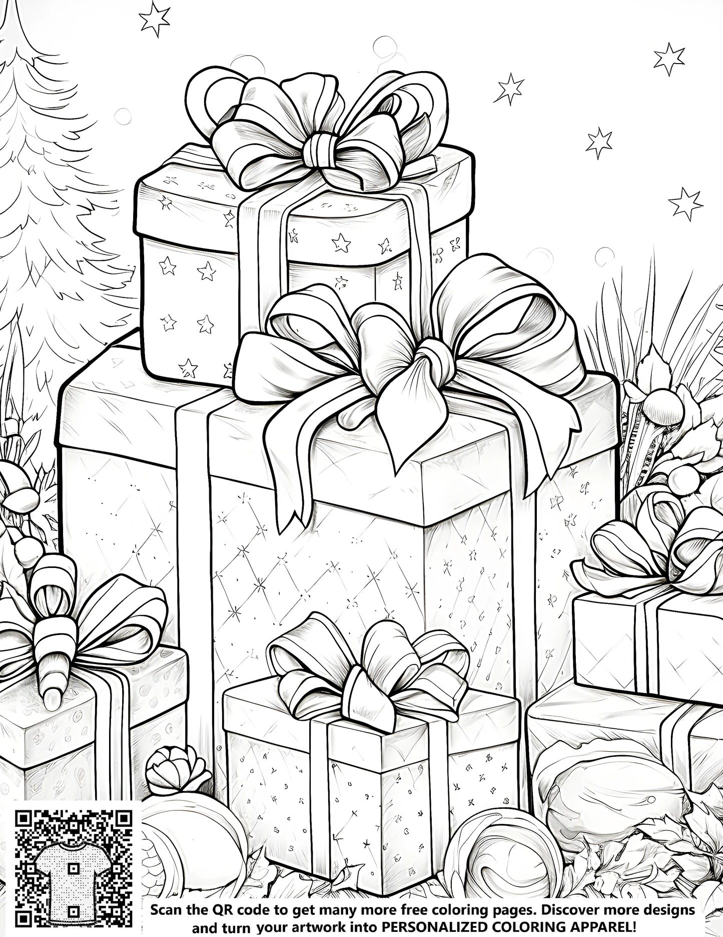 Stack of Christmas gifts, free coloring page with ornate bows, surrounded by nature and holiday decorations
