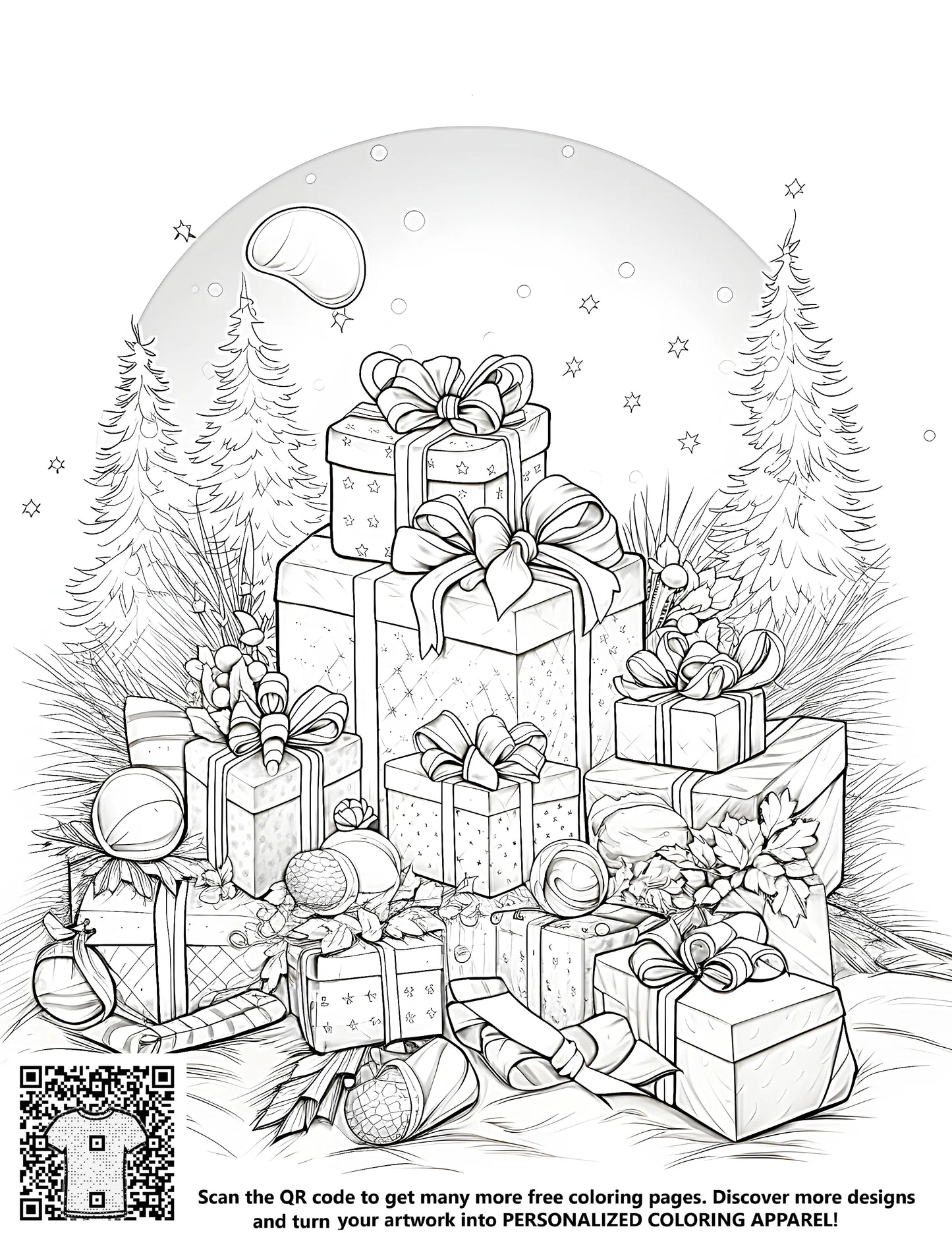 Christmas gift box picture with colorful wrapping paper, festive holiday scene with decorated pine trees, and creative illustrations of wrapped presents.