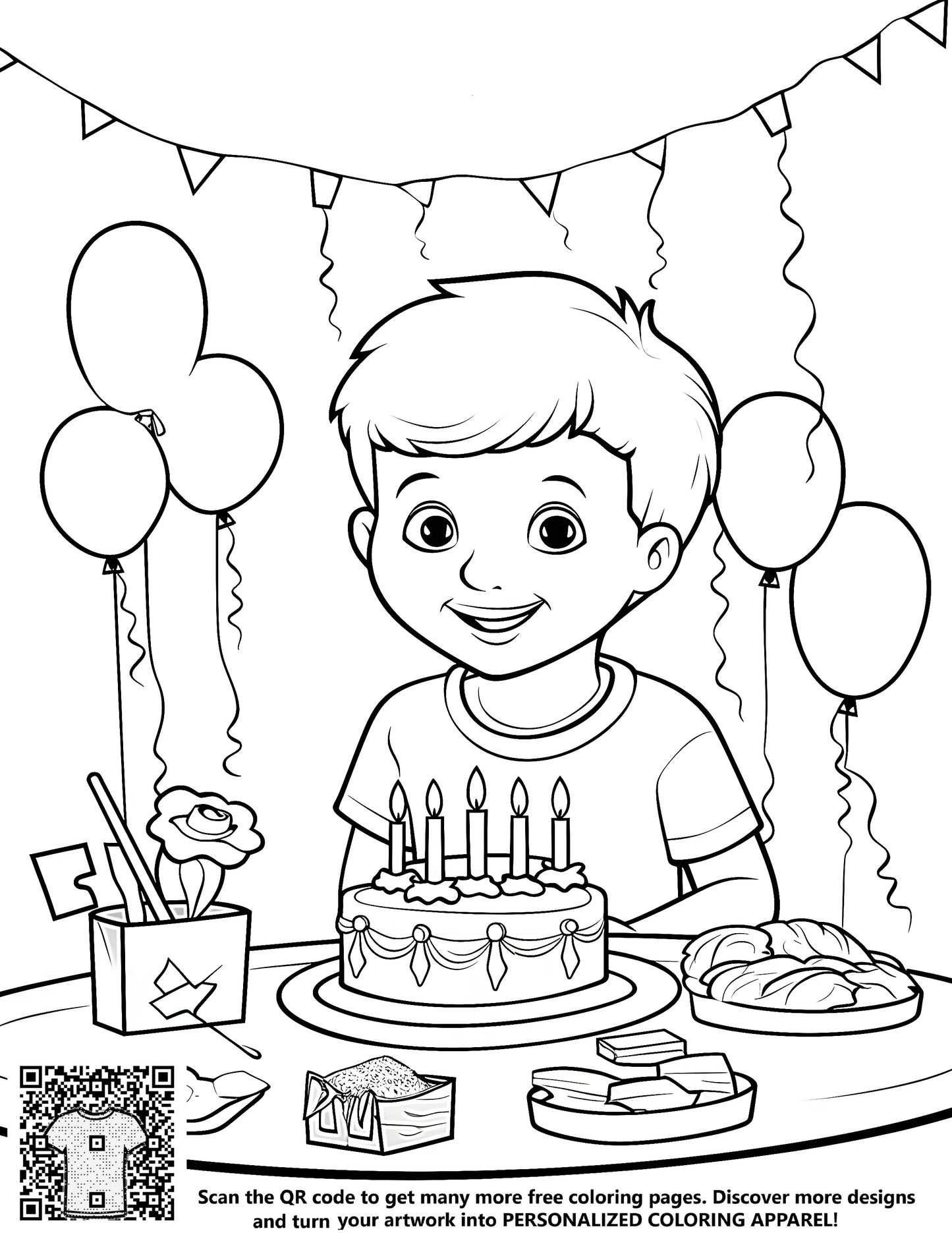 Coloring page of a young boy celebrating his birthday with cake, balloons, and decorations - free kids coloring book for children's party