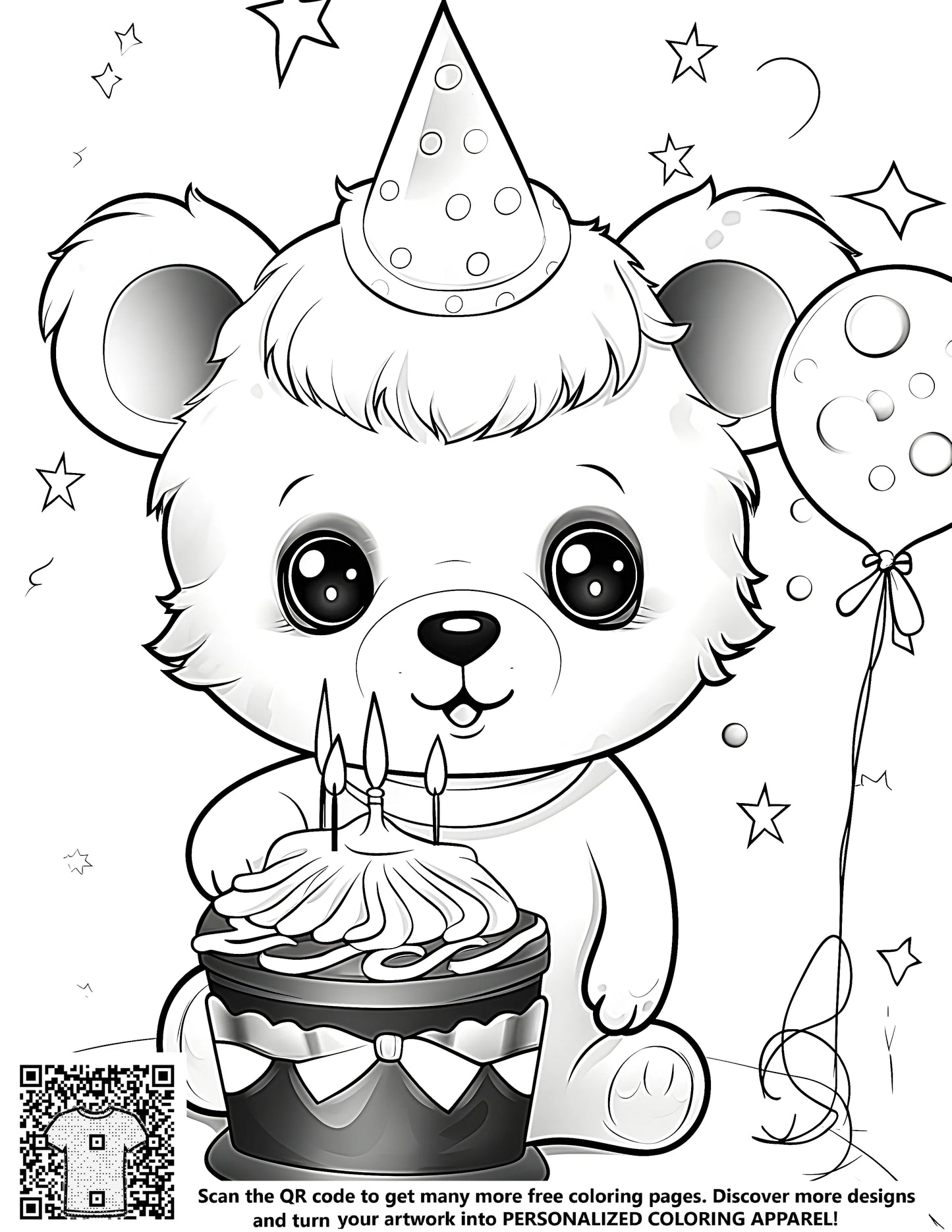 Free coloring page of cute bear wearing party hat, holding birthday cake and surrounded by balloons and stars