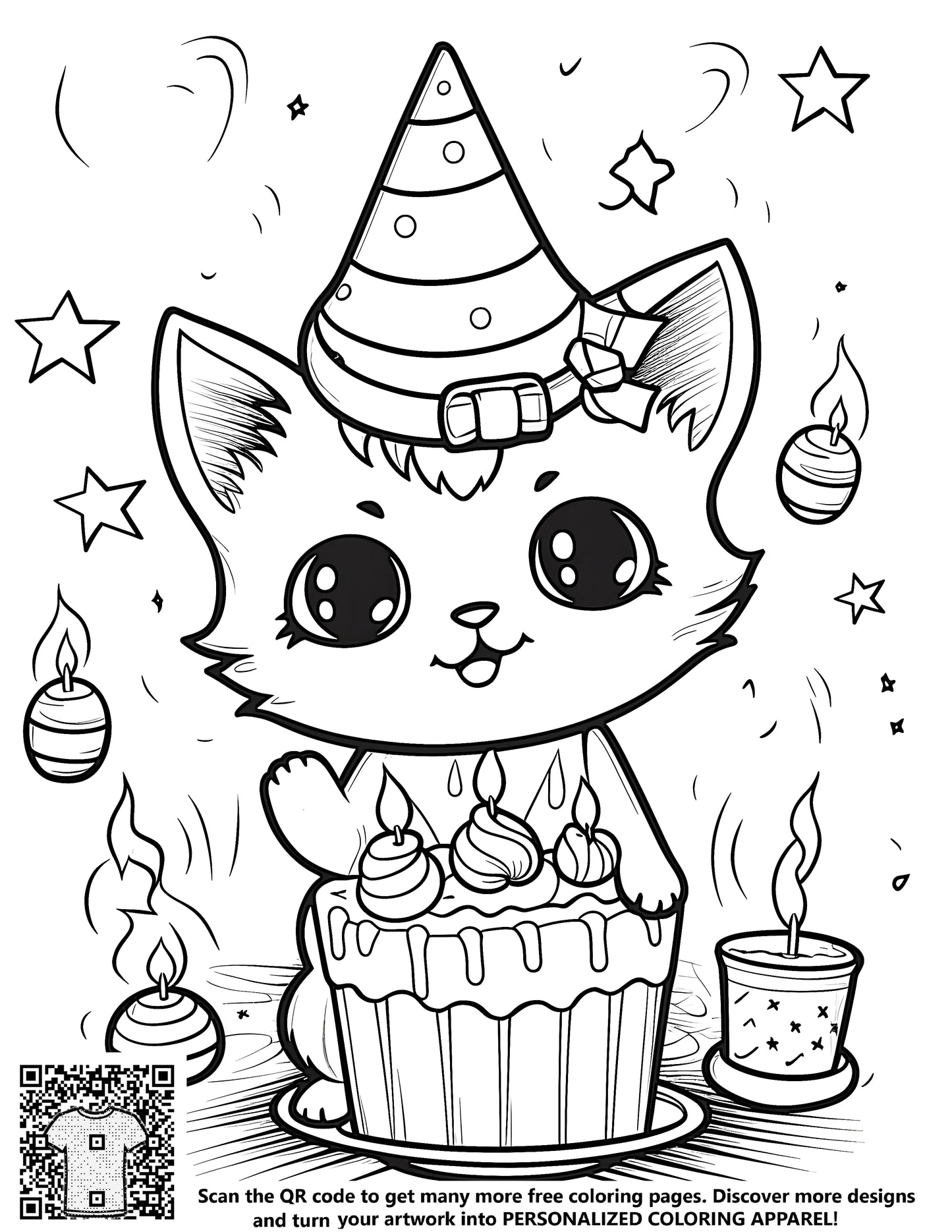 Free coloring page of a cat in a party hat celebrating a birthday with a cake and candles, surrounded by stars