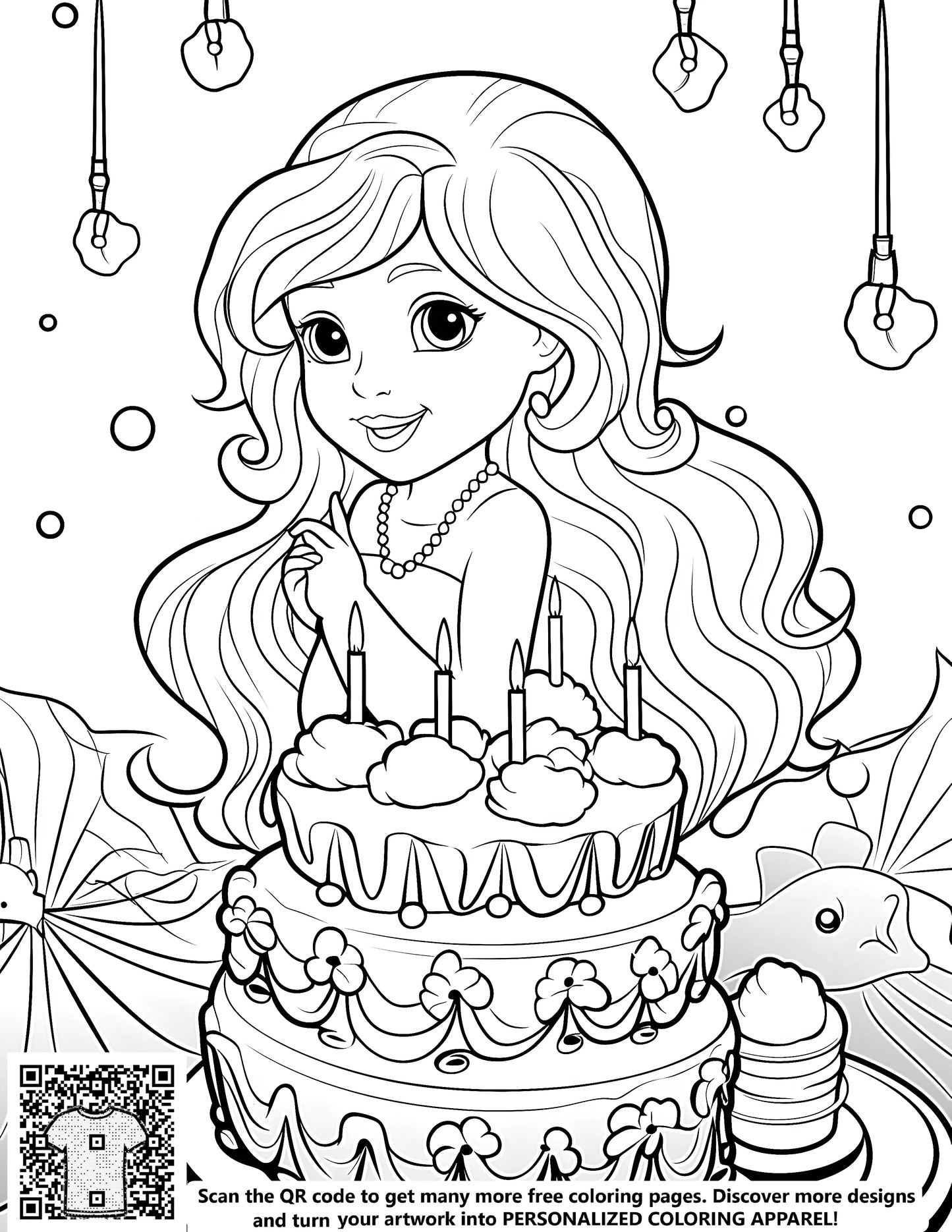 A smiling girl with long hair stands behind a layered birthday cake with candles, surrounded by festive decorations. Free coloring page