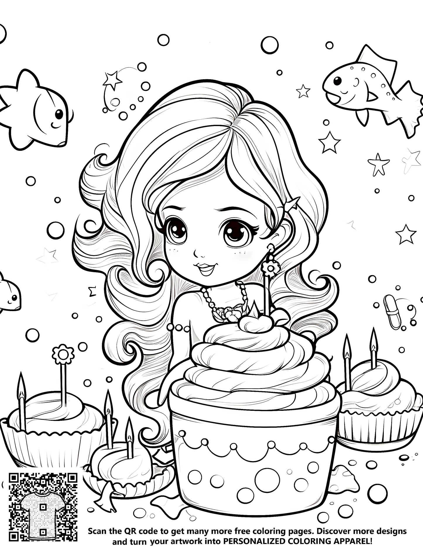Underwater birthday party coloring page design with mermaid celebrating with cake and swimming fish