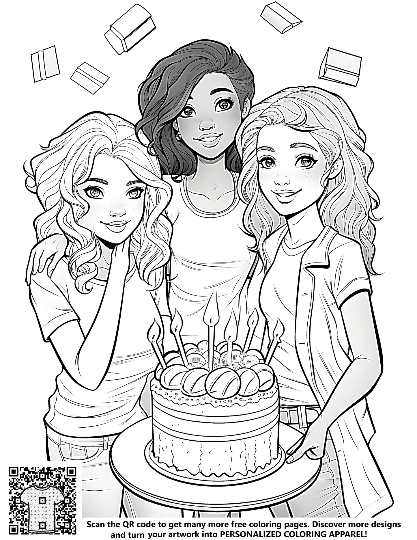 Three girls celebrating a birthday party with cake, candles, and chocolates - free coloring page design