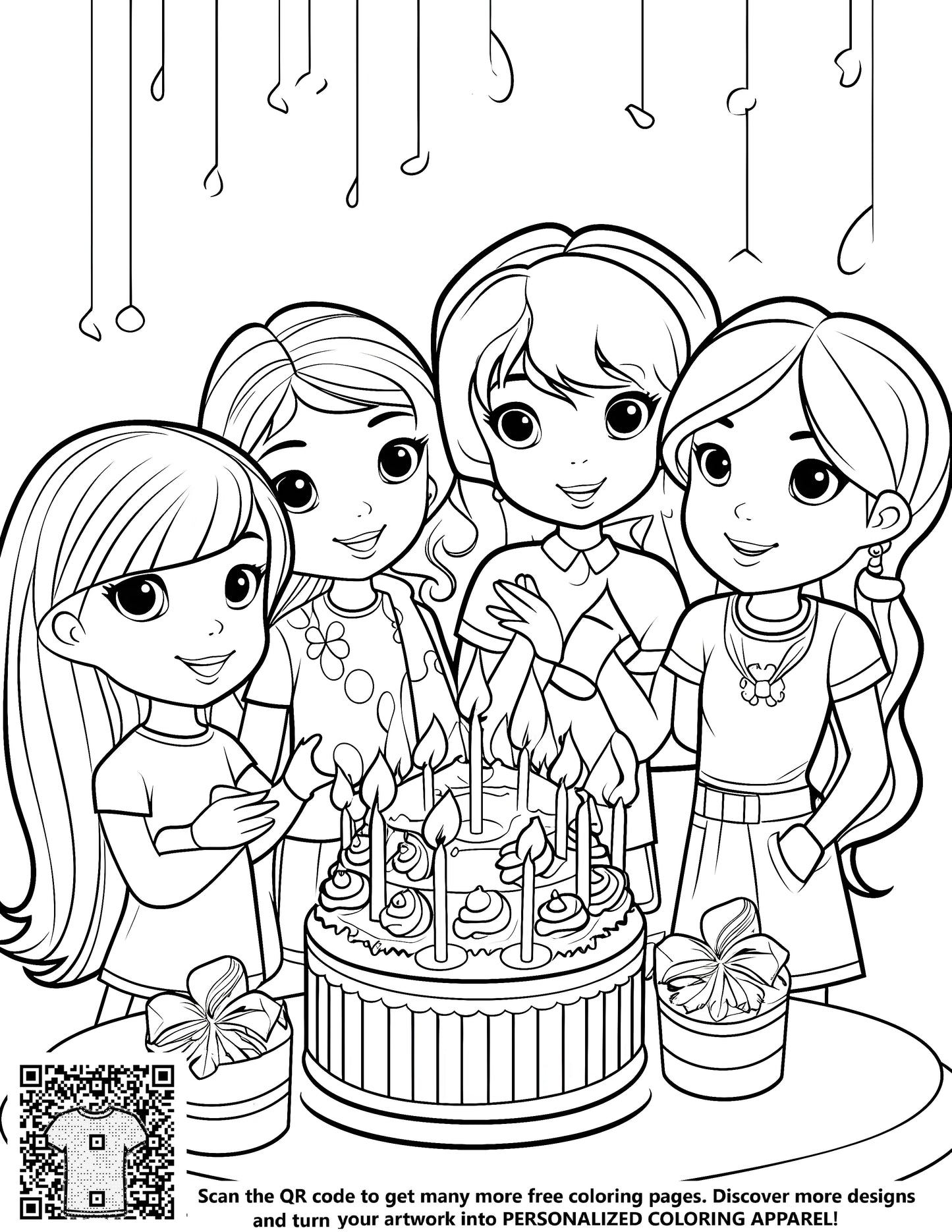 Free coloring page birthday party scene with kids around cake, gift boxes, and candles