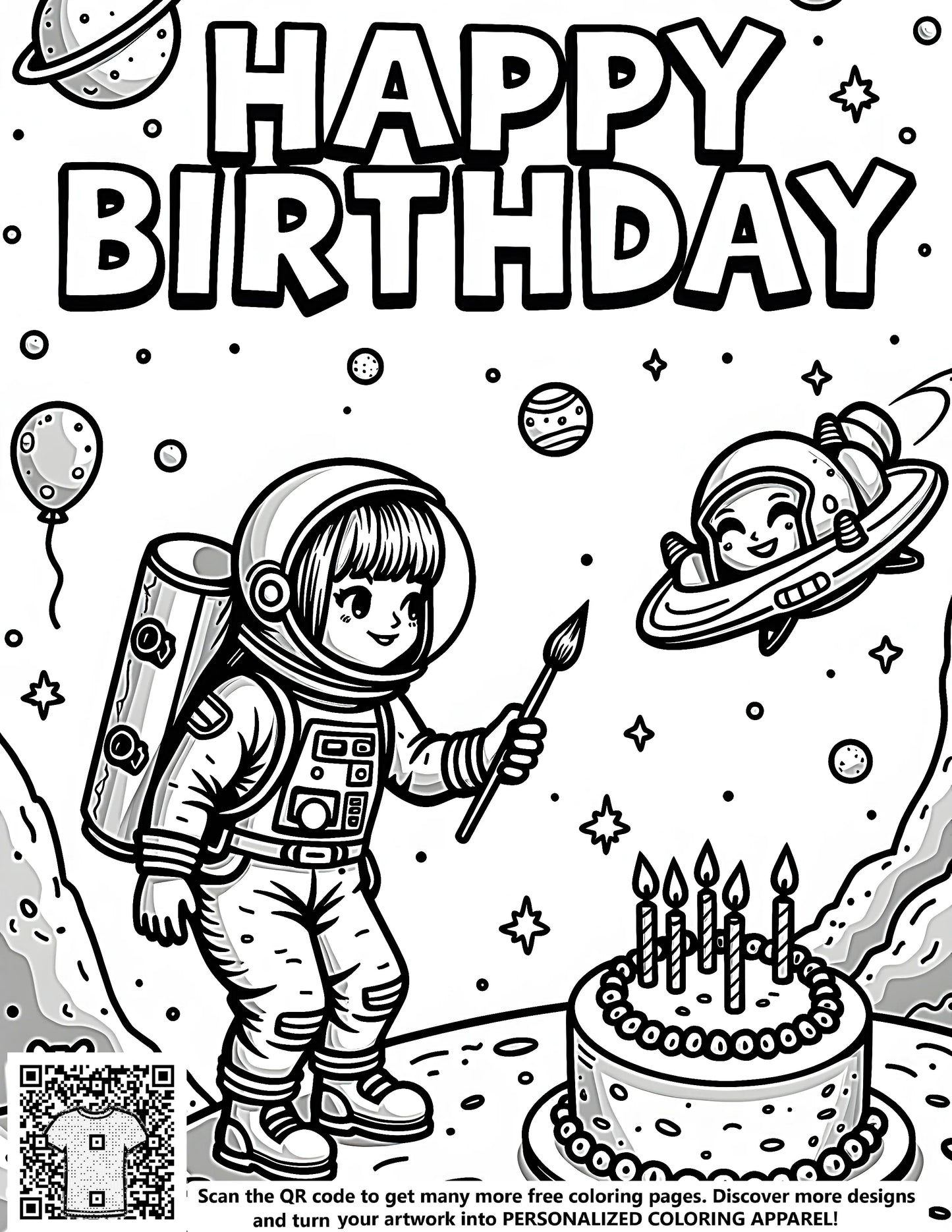 Coloring page of an astronaut child holding a brush and a space-themed cake for a birthday celebration