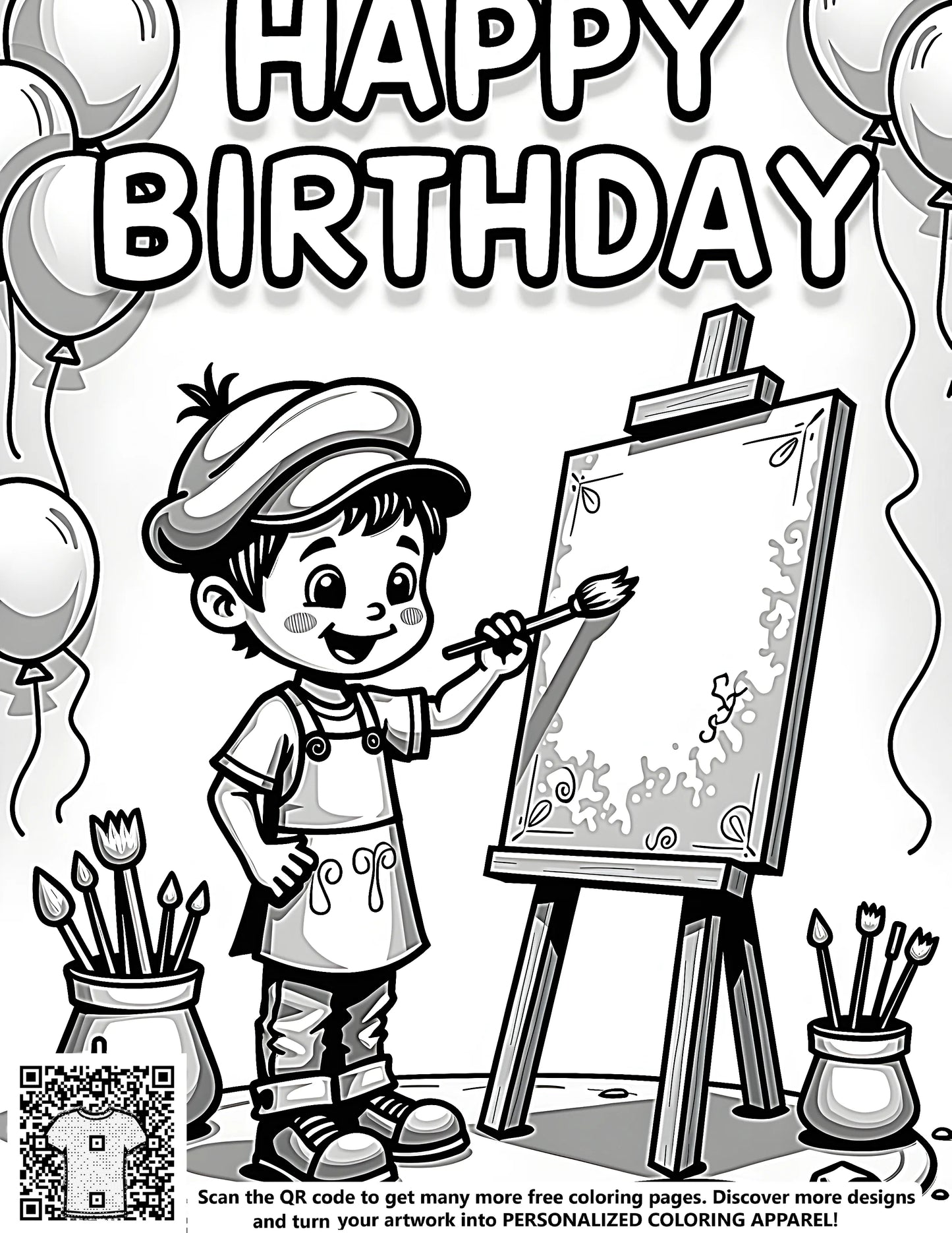 Coloring page artwork of a boy painting on an easel surrounded by balloons and art supplies, perfect for Happy Birthday party decorations and creative fun