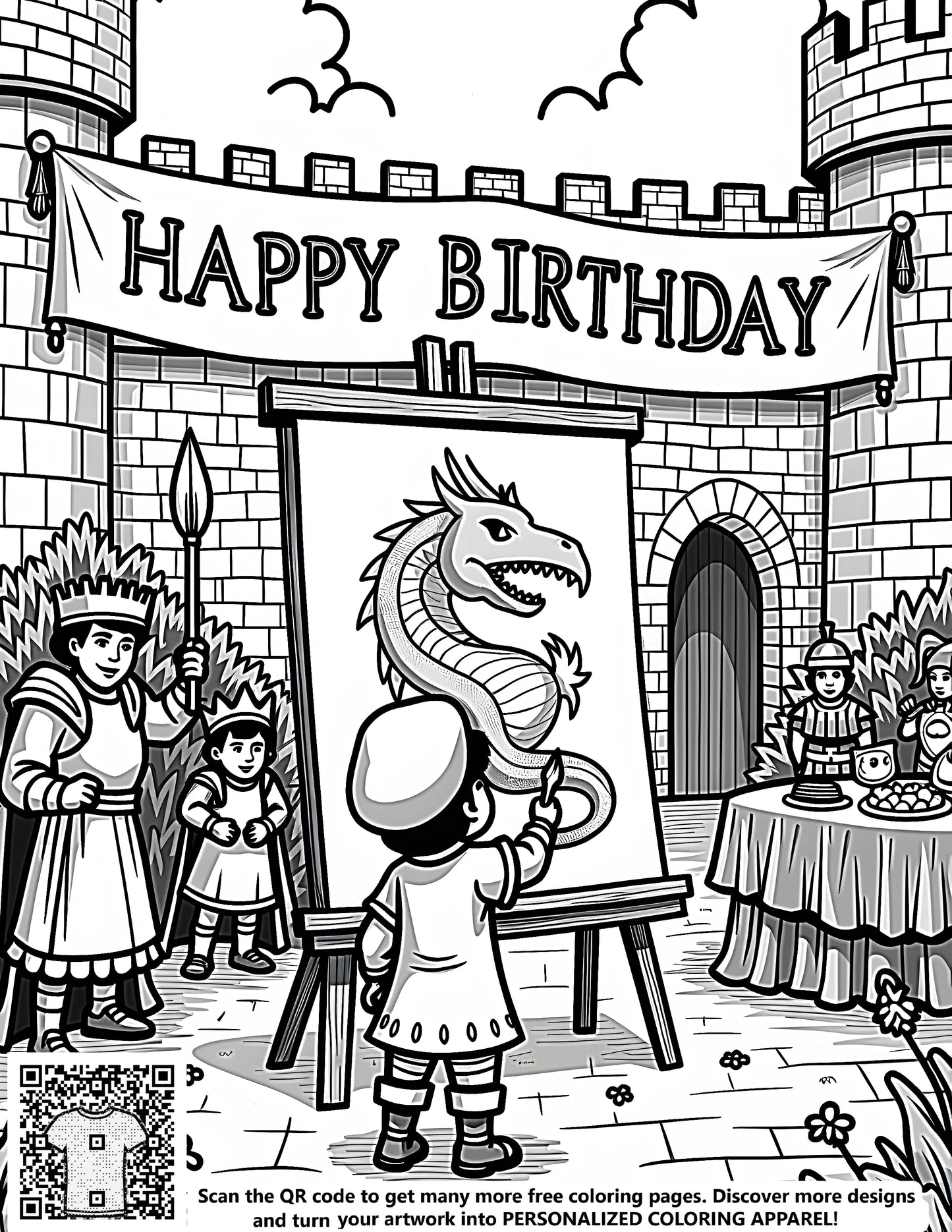 Coloring page of a medieval birthday party with a 'Happy Birthday' banner and kids painting on canvas