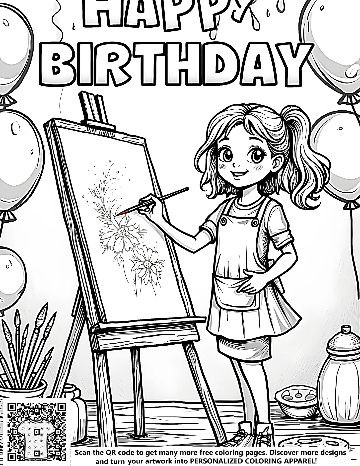 Coloring page for kids featuring a young girl painting at an easel surrounded by balloons and 'Happy Birthday' text
