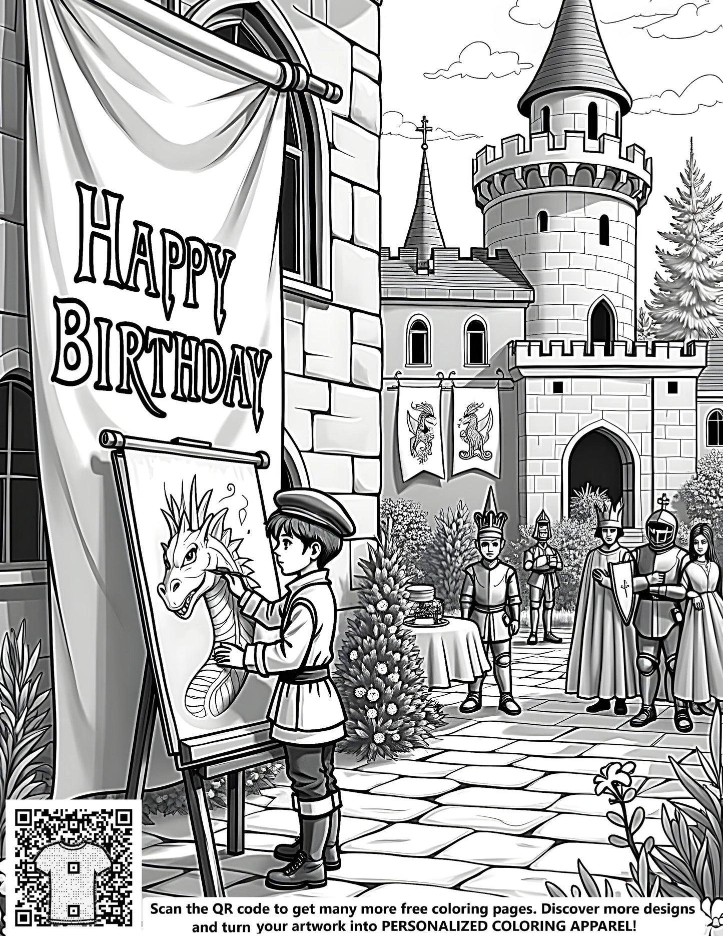 Coloring page illustration of a medieval-themed birthday celebration at a castle