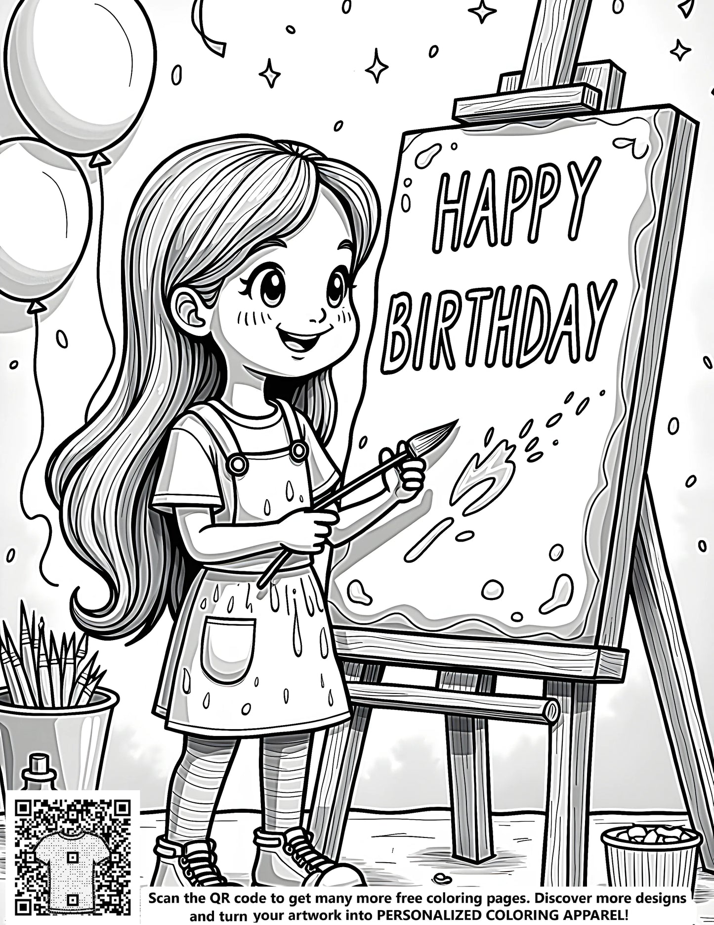 Free coloring page for kids birthday painting kit with fabric markers