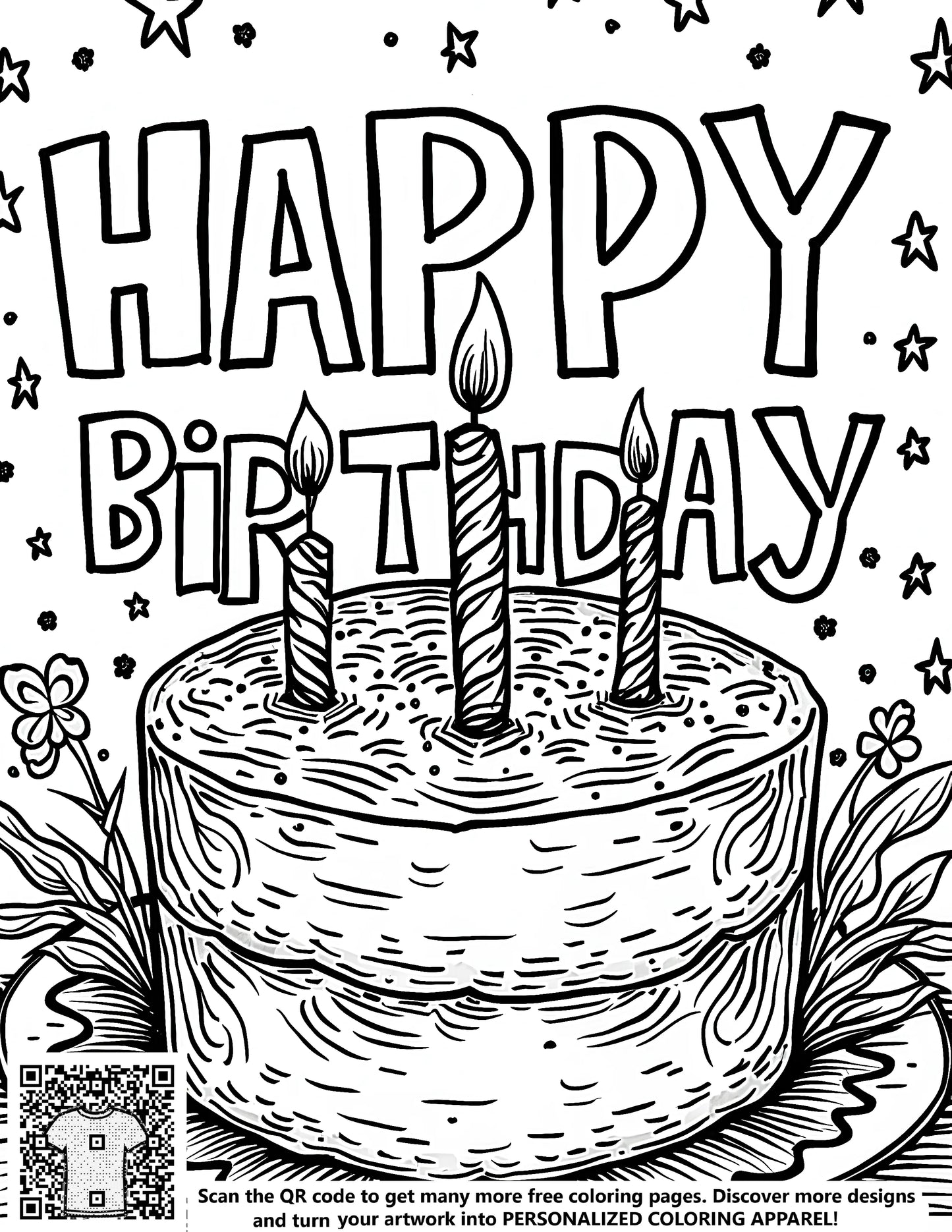 Birthday Cake coloring page free printable art, Black and white outline illustration of birthday cake design with candles, Happy Birthday text, stars, and flowers