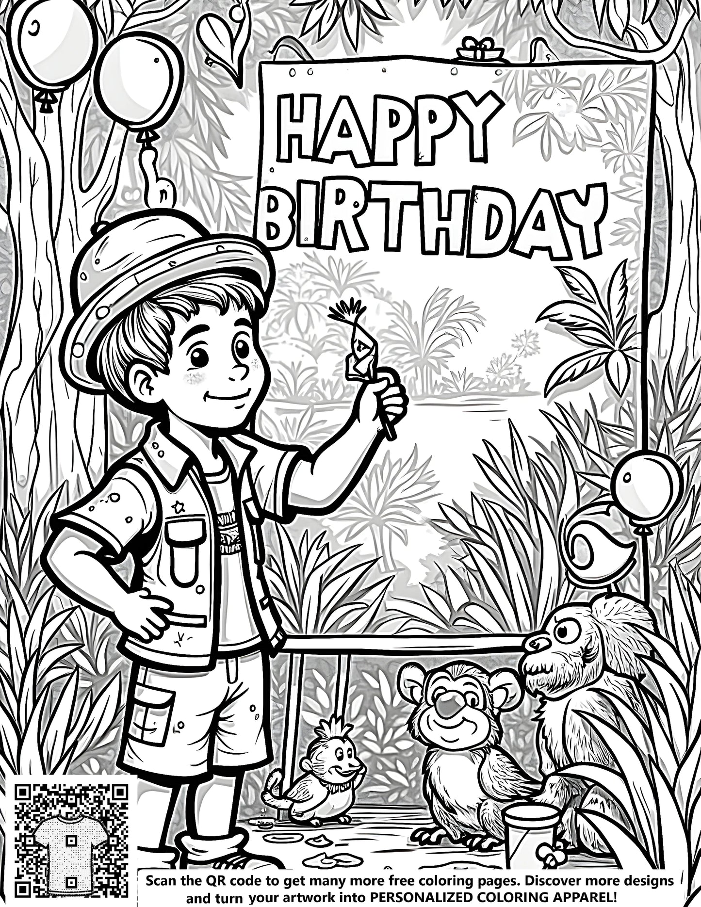 A vibrant jungle adventure themed coloring page for kids, part of a free coloring kit with 10 fabric markers