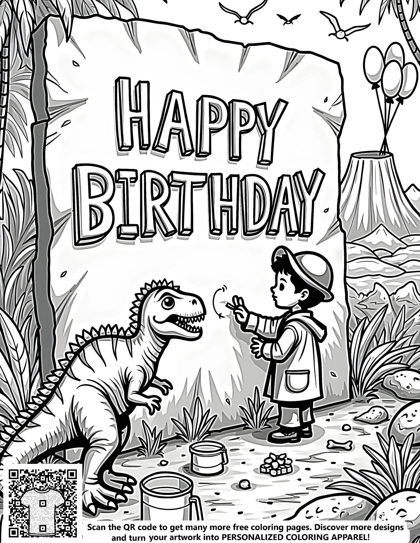 Boy and dinosaur Happy Birthday coloring page with free printable coloring kit