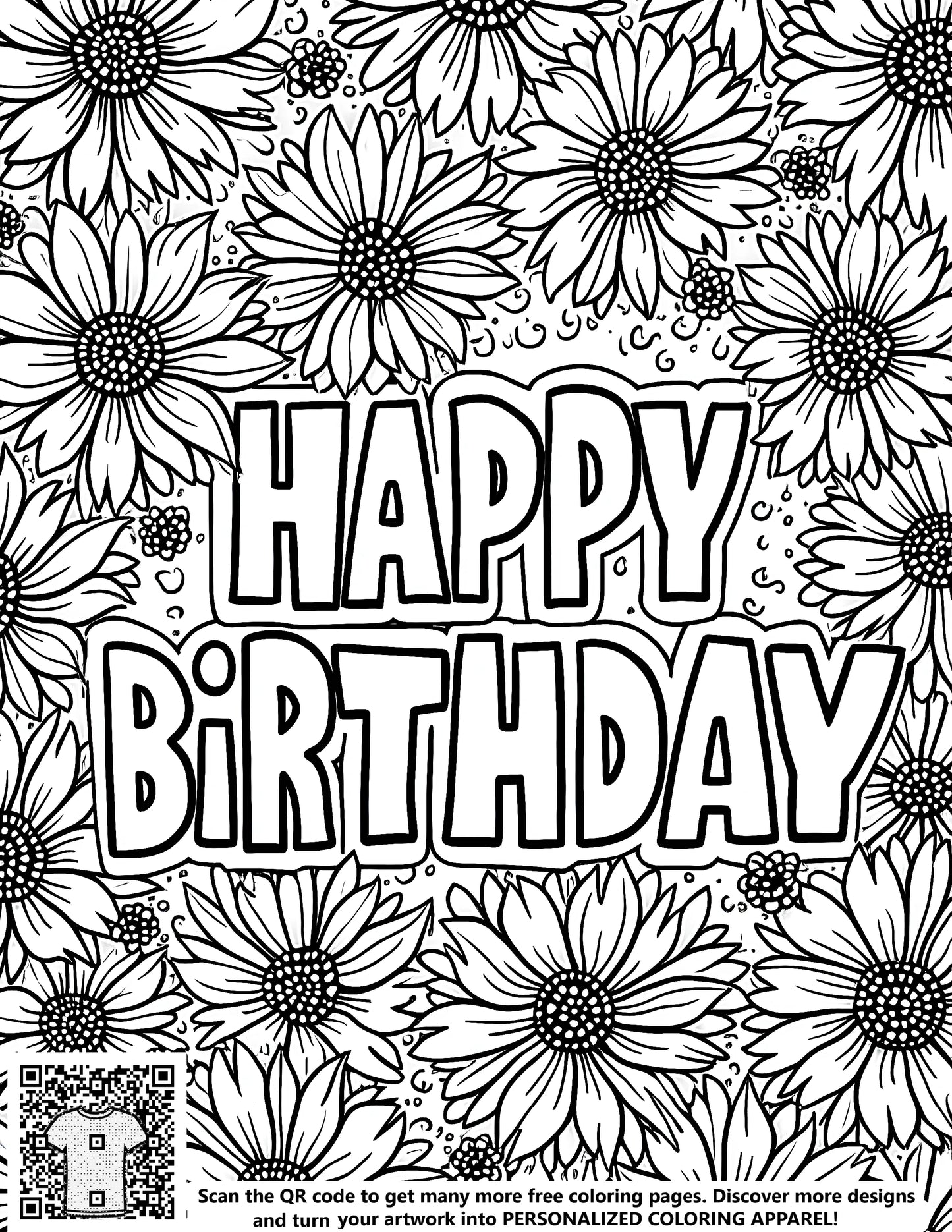 Birthday greeting card coloring page with daisies and 'HAPPY BIRTHDAY' text - free coloring kit for kids with 10 fabric markers