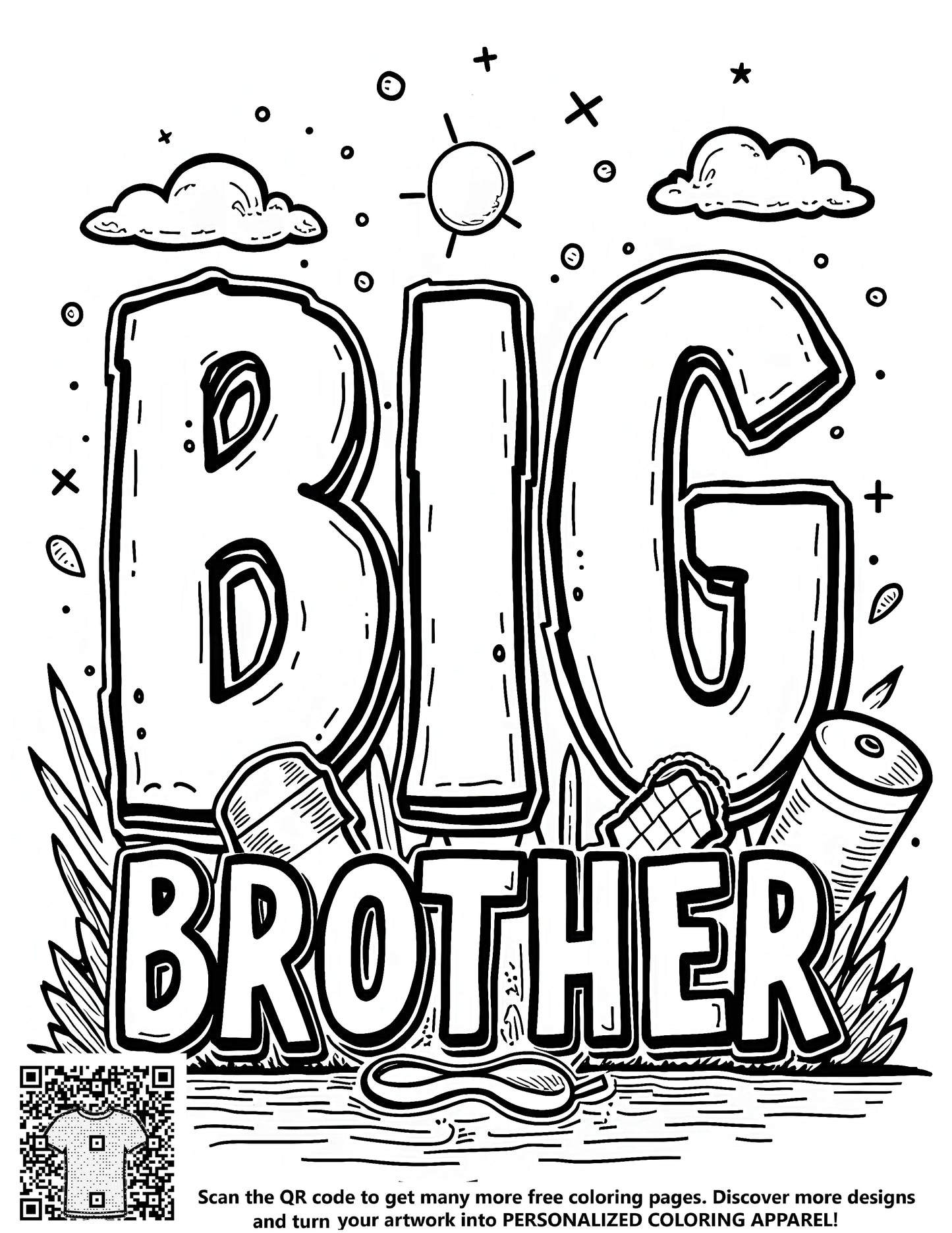 Free coloring page kit with big brother design, featuring a monochrome illustration of 'BIG BROTHER' with cartoon-style sun, clouds, and nature elements. Perfect for artistic expression, creativity, and relaxation.