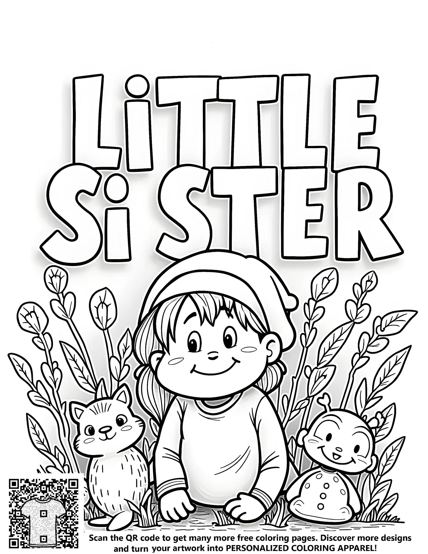Cute coloring page design of little girl smiling in nature with small animals