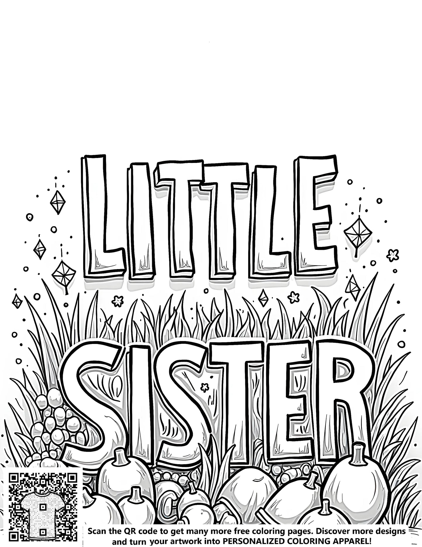 Coloring page for kids featuring Little Sis, Small Girl, Young Daughter, and Sweetheart designs with black and white illustration of plants and flowers