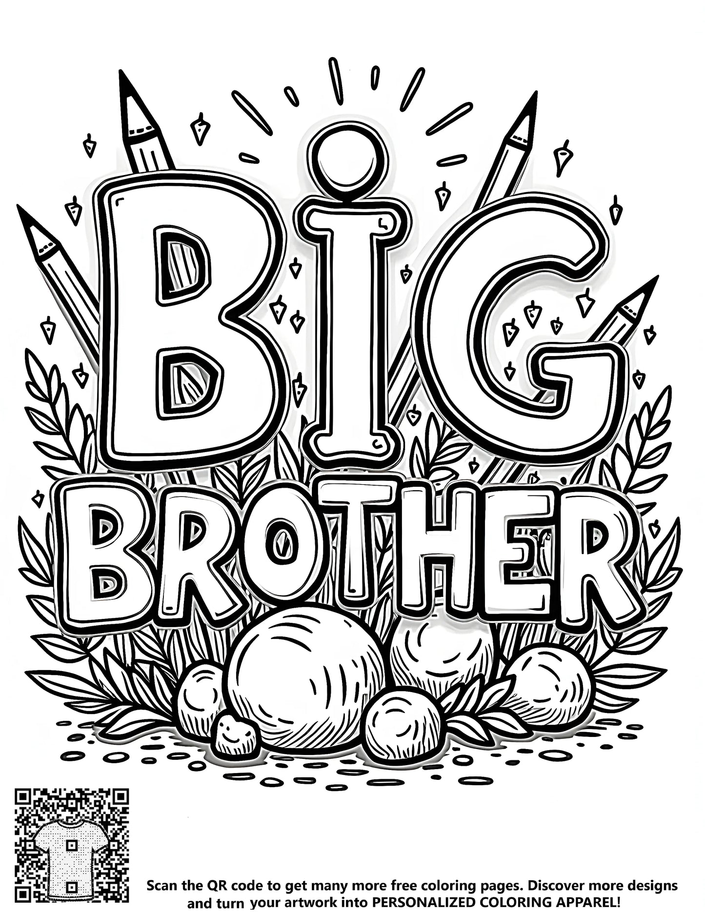 Free coloring pages for siblings, brother, and sister, fun illustrations with pencils, rocks, and leaves