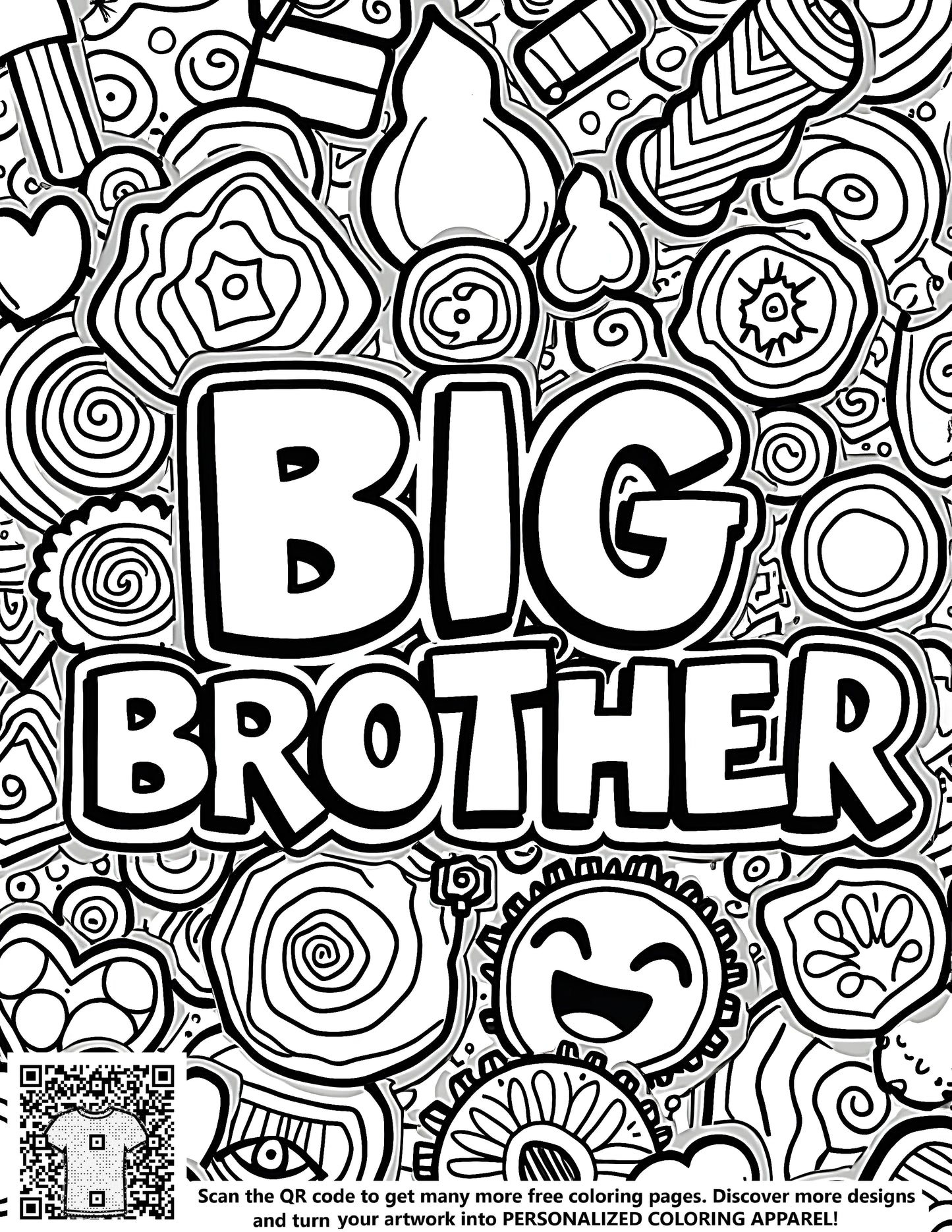 Free printable coloring page for kids with Big Brother doodle art, featuring hearts, swirls, and happy faces. Perfect for a Big Daddy, Elder Son, or Older Brother gift.