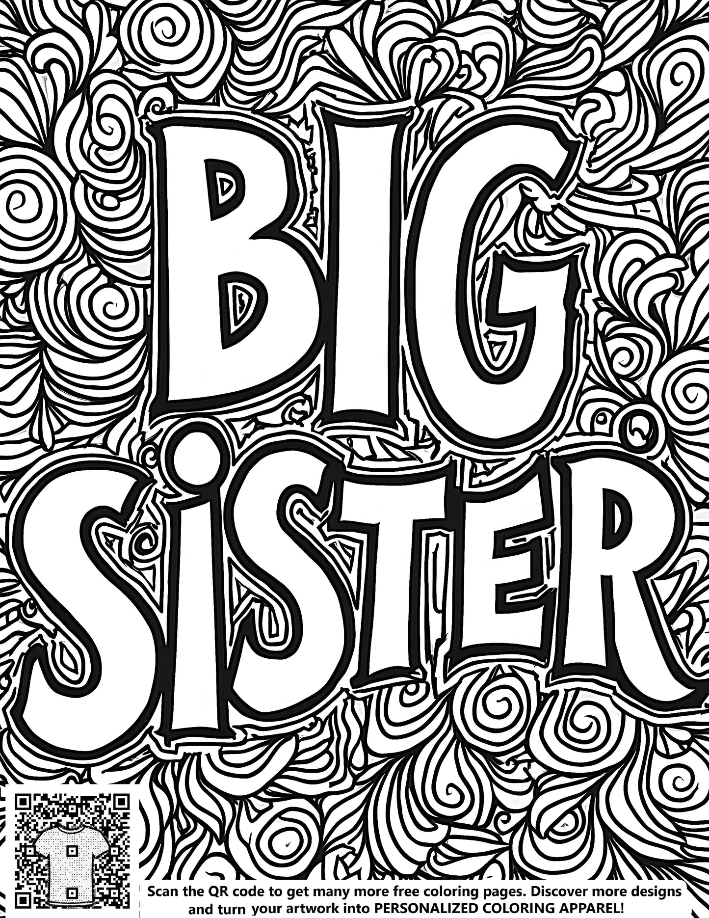 Coloring page for older sister, big sister gift, free coloring page art, intricate black and white line drawing