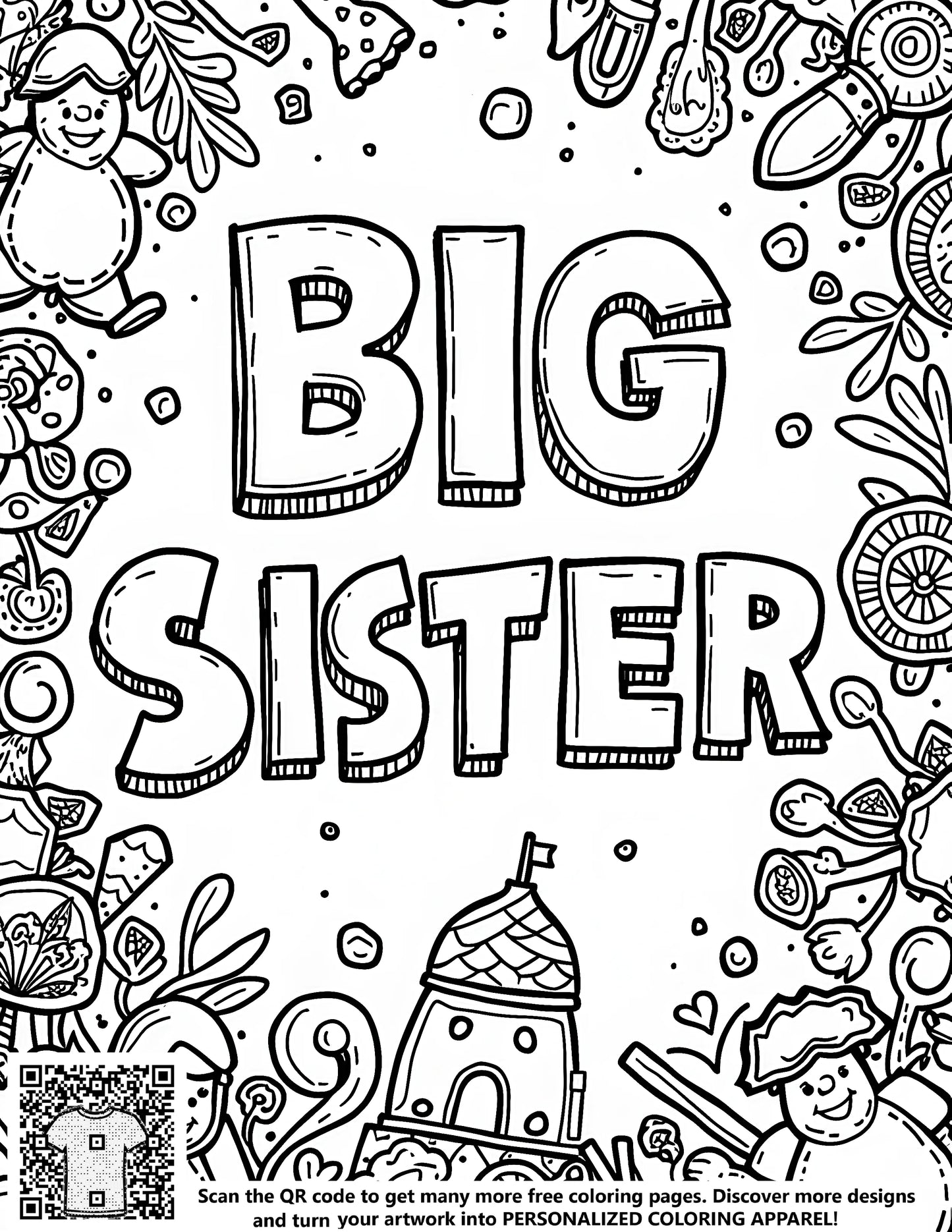 Free coloring page for big sister with fabric markers and whimsical doodles