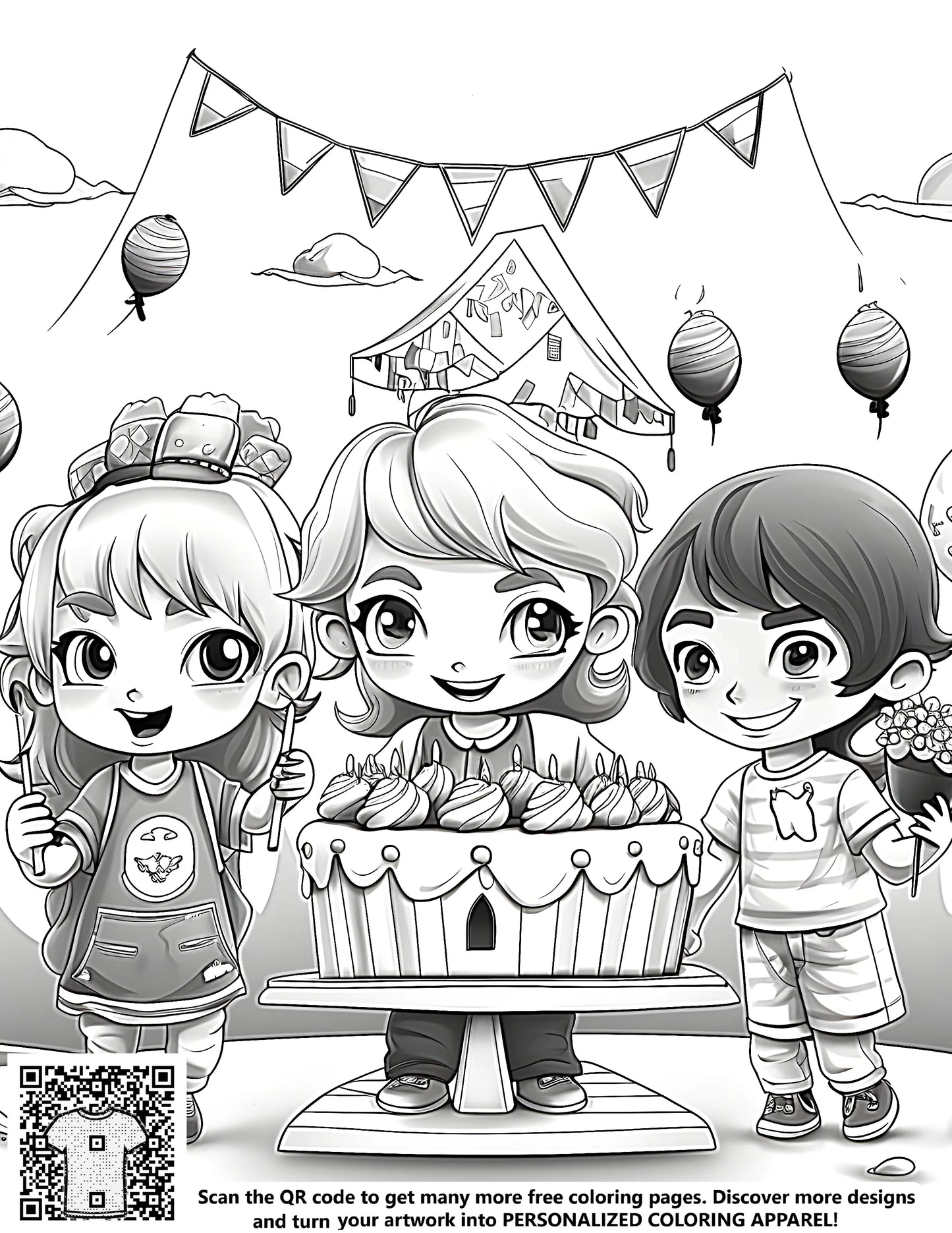 Coloring page of three happy kids celebrating birthday with cake and balloons